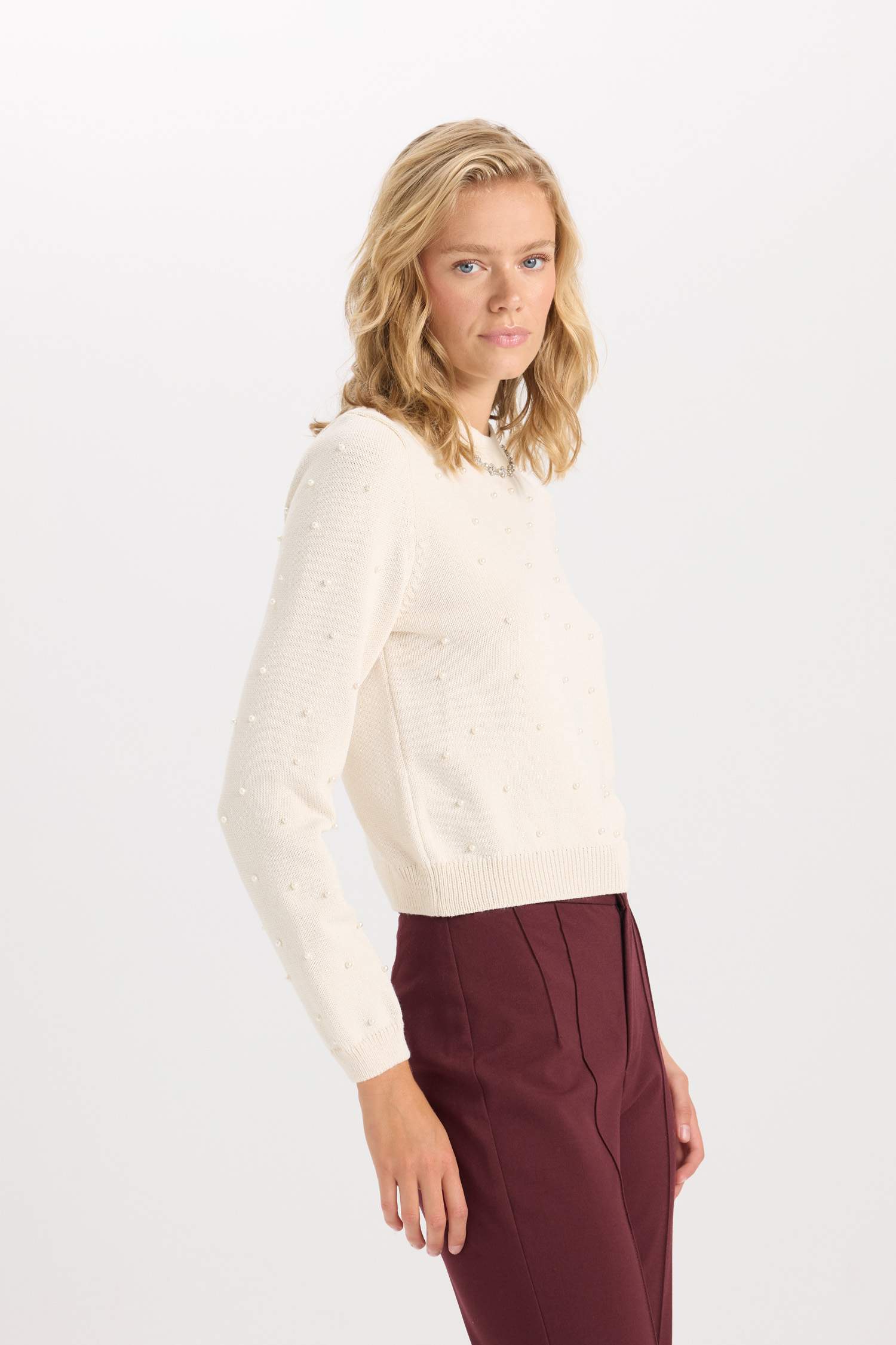 Regular Fit Bisiklet Yaka Taşlı İncili Triko Kazak