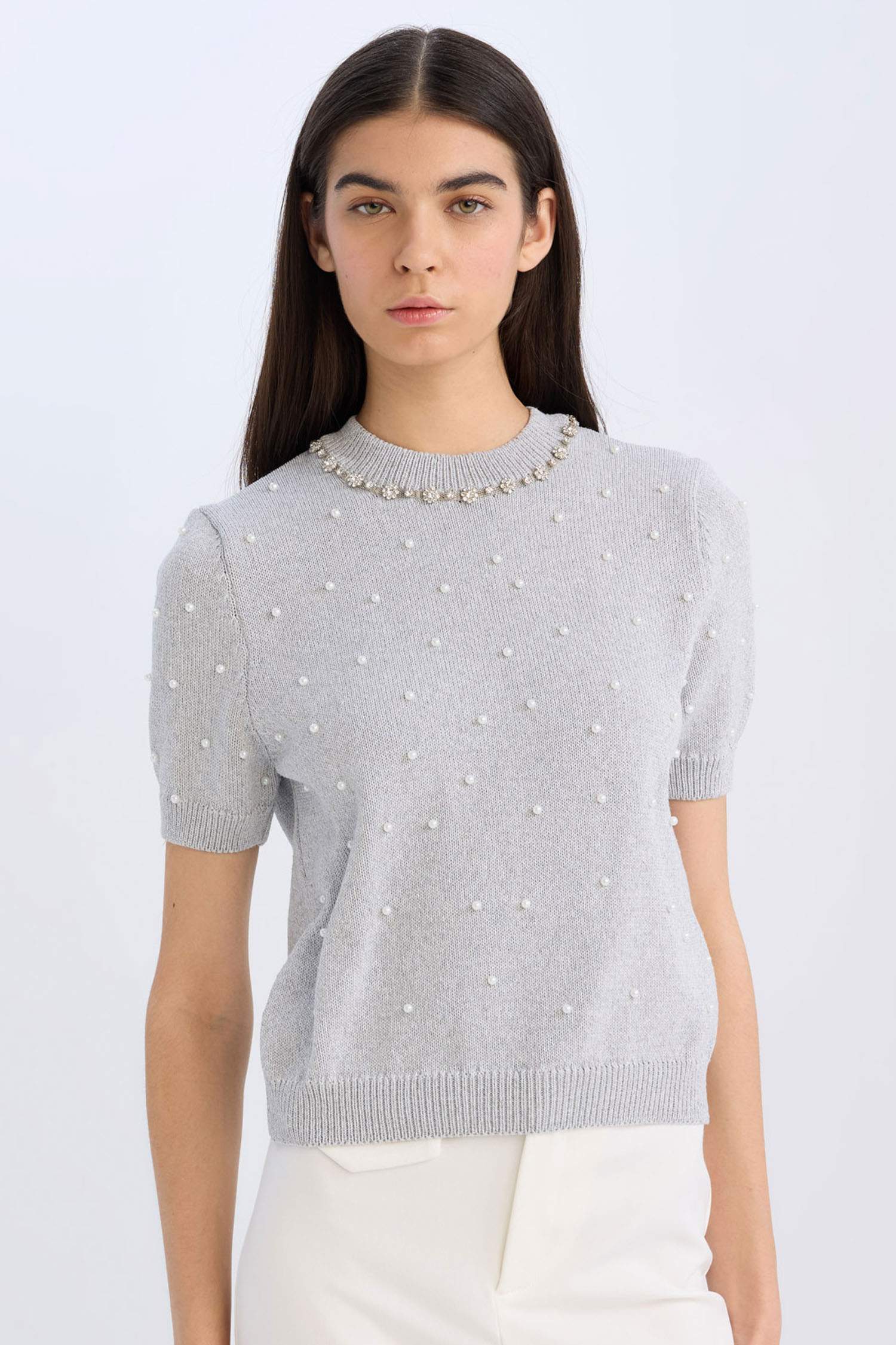 Regular Fit Taşlı Bisiklet Yaka Basic Düz Triko Kazak