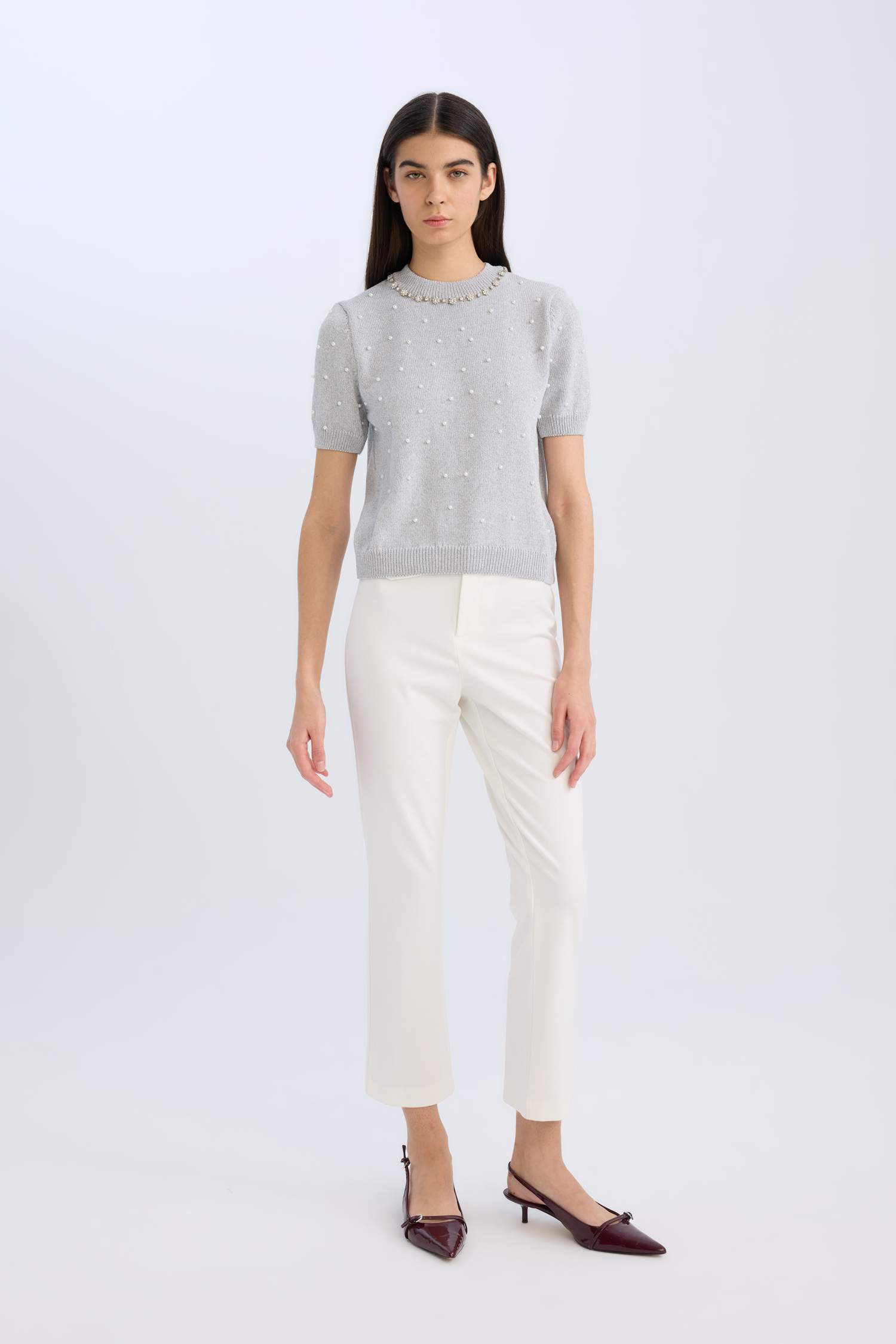 Regular Fit Taşlı Bisiklet Yaka Basic Düz Triko Kazak