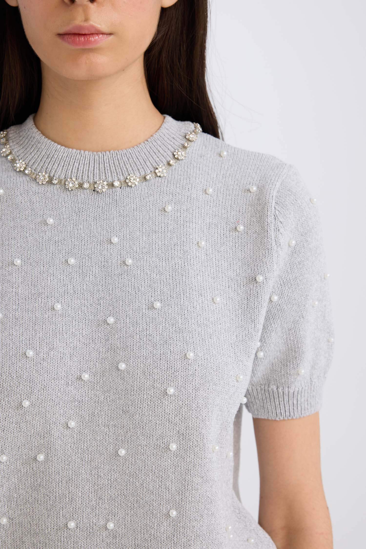 Regular Fit Taşlı Bisiklet Yaka Basic Düz Triko Kazak