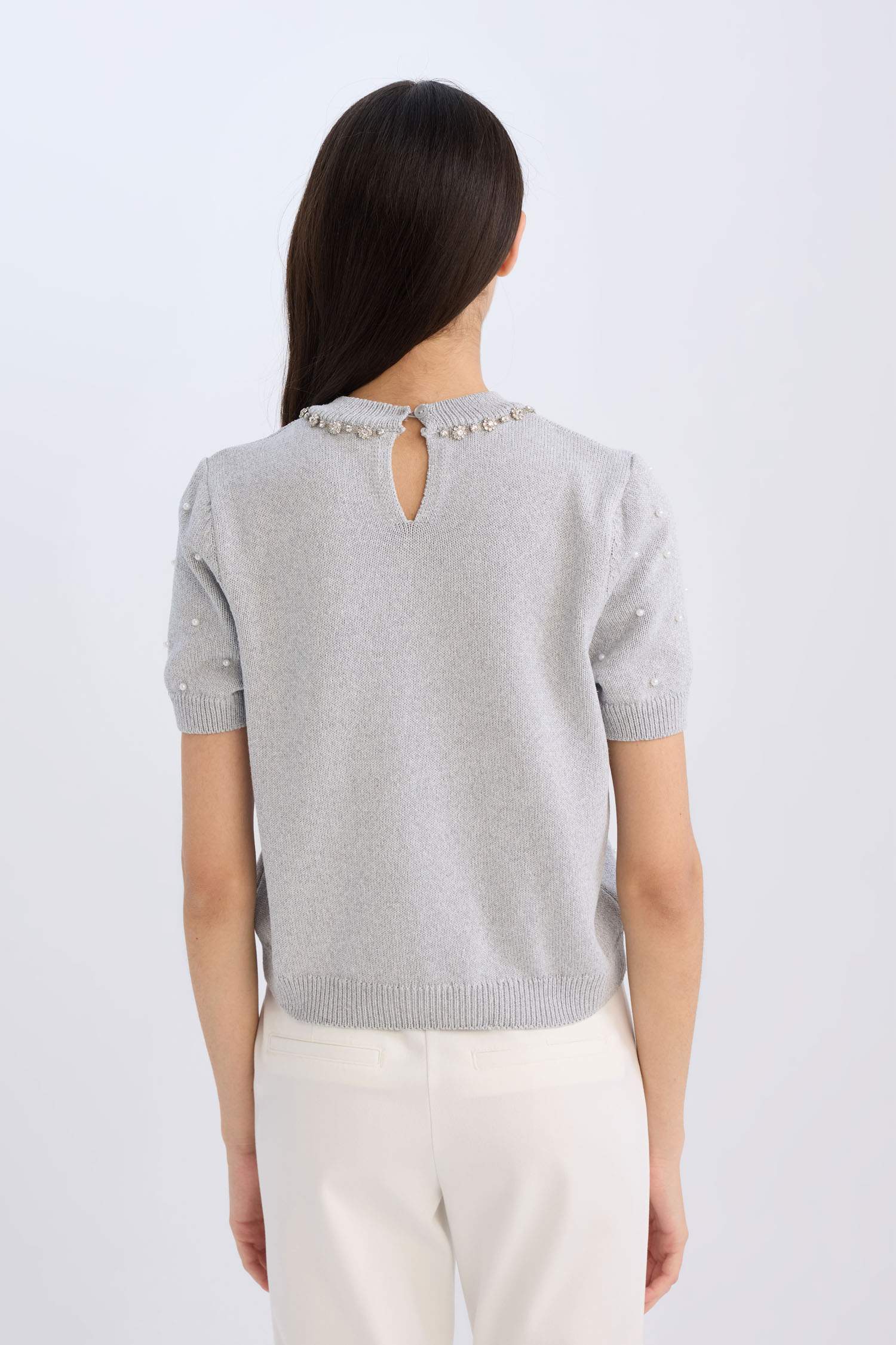 Regular Fit Taşlı Bisiklet Yaka Basic Düz Triko Kazak