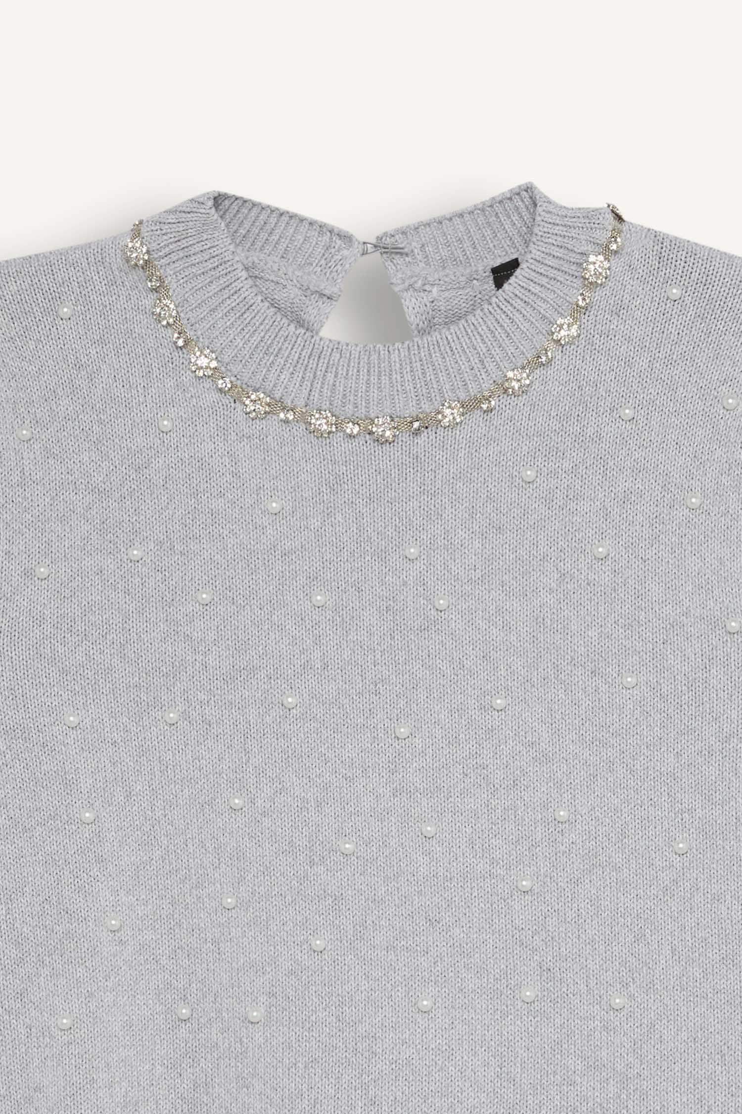 Regular Fit Taşlı Bisiklet Yaka Basic Düz Triko Kazak