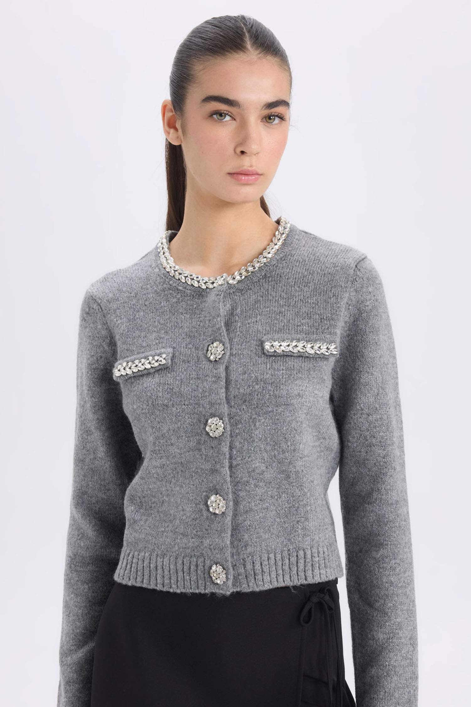 Regular Fit Crew Neck Stoned Buttoned Knitwear Cardigan