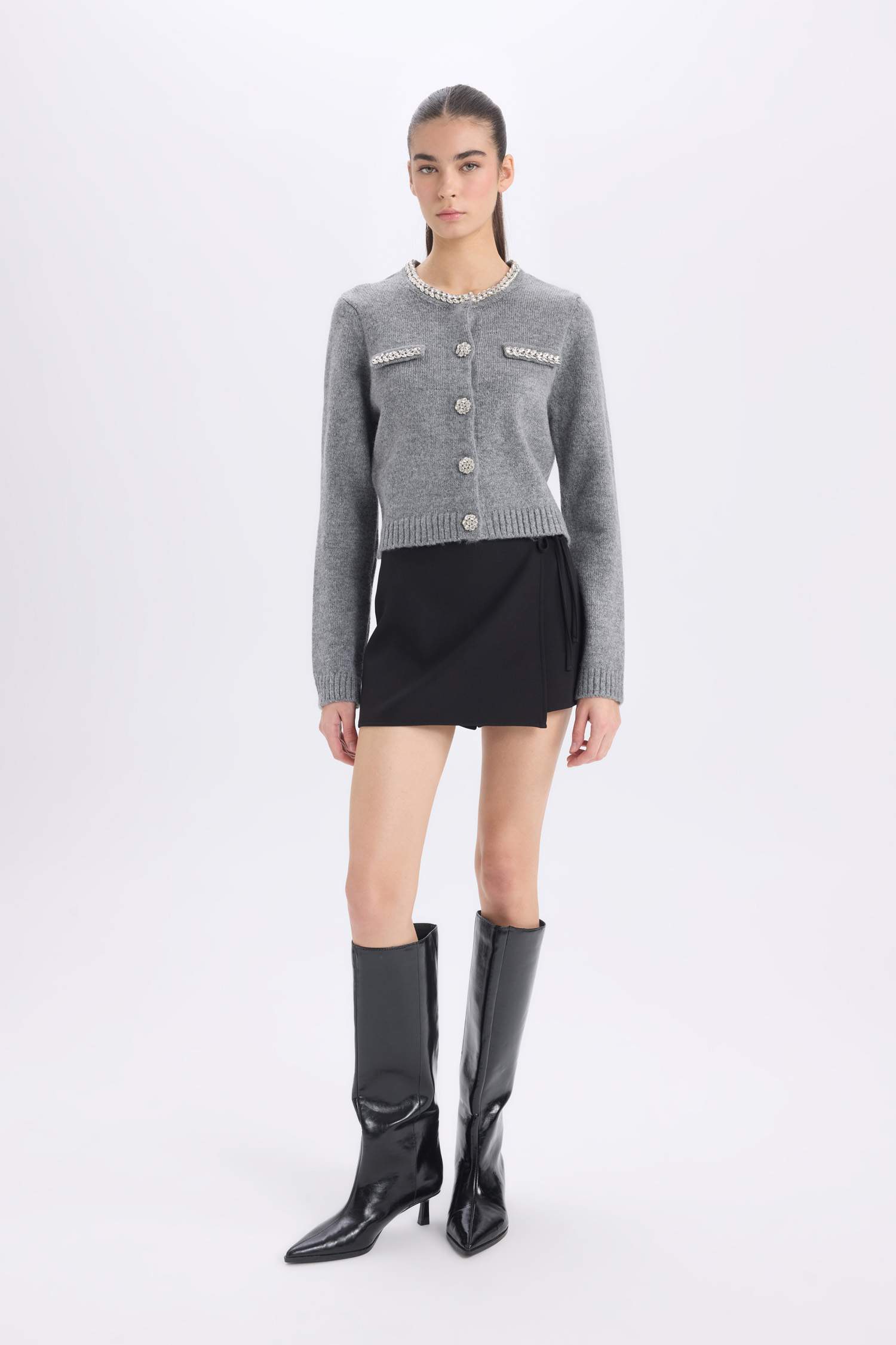 Regular Fit Crew Neck Stoned Buttoned Knitwear Cardigan