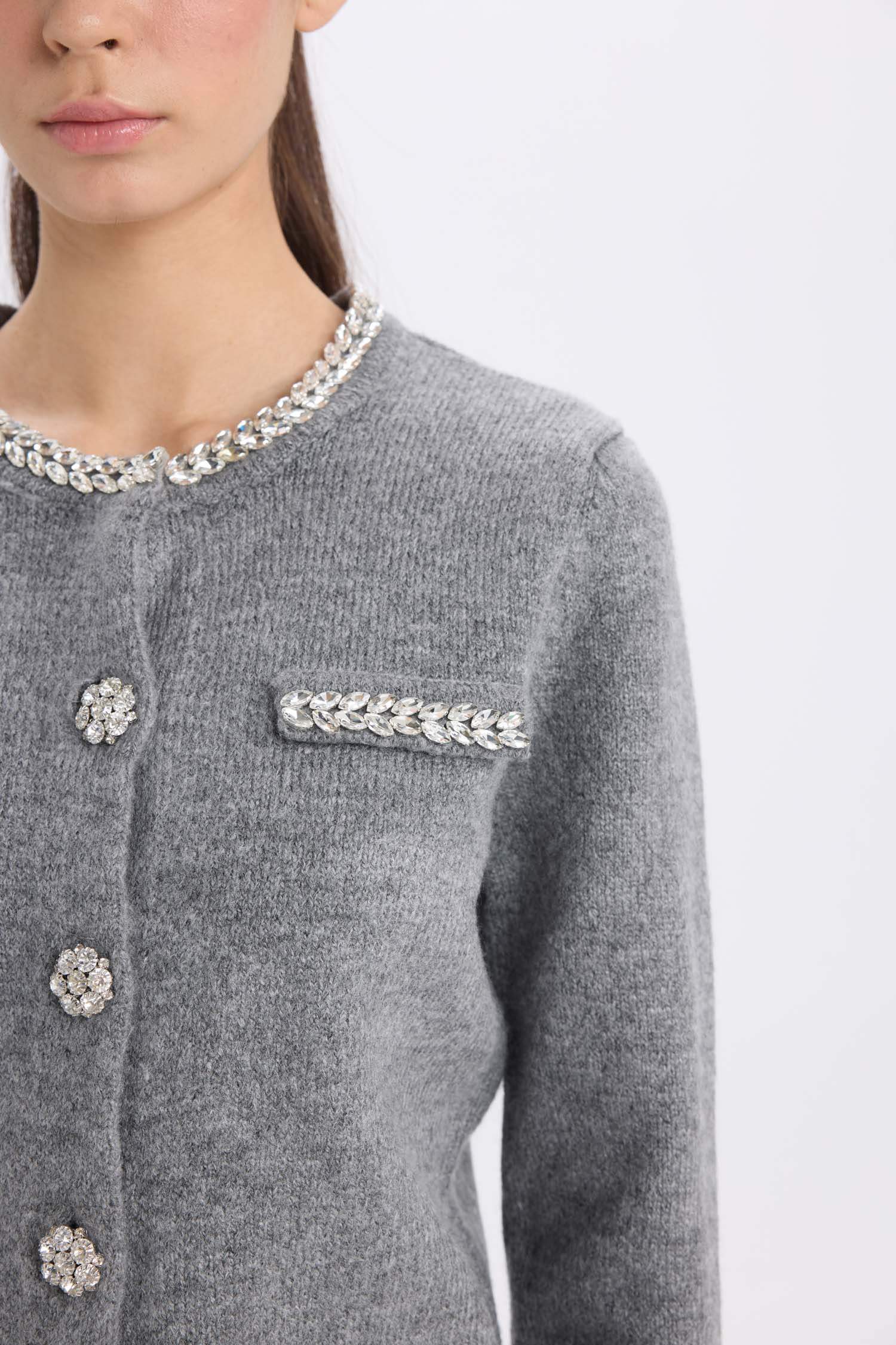 Regular Fit Crew Neck Stoned Buttoned Knitwear Cardigan