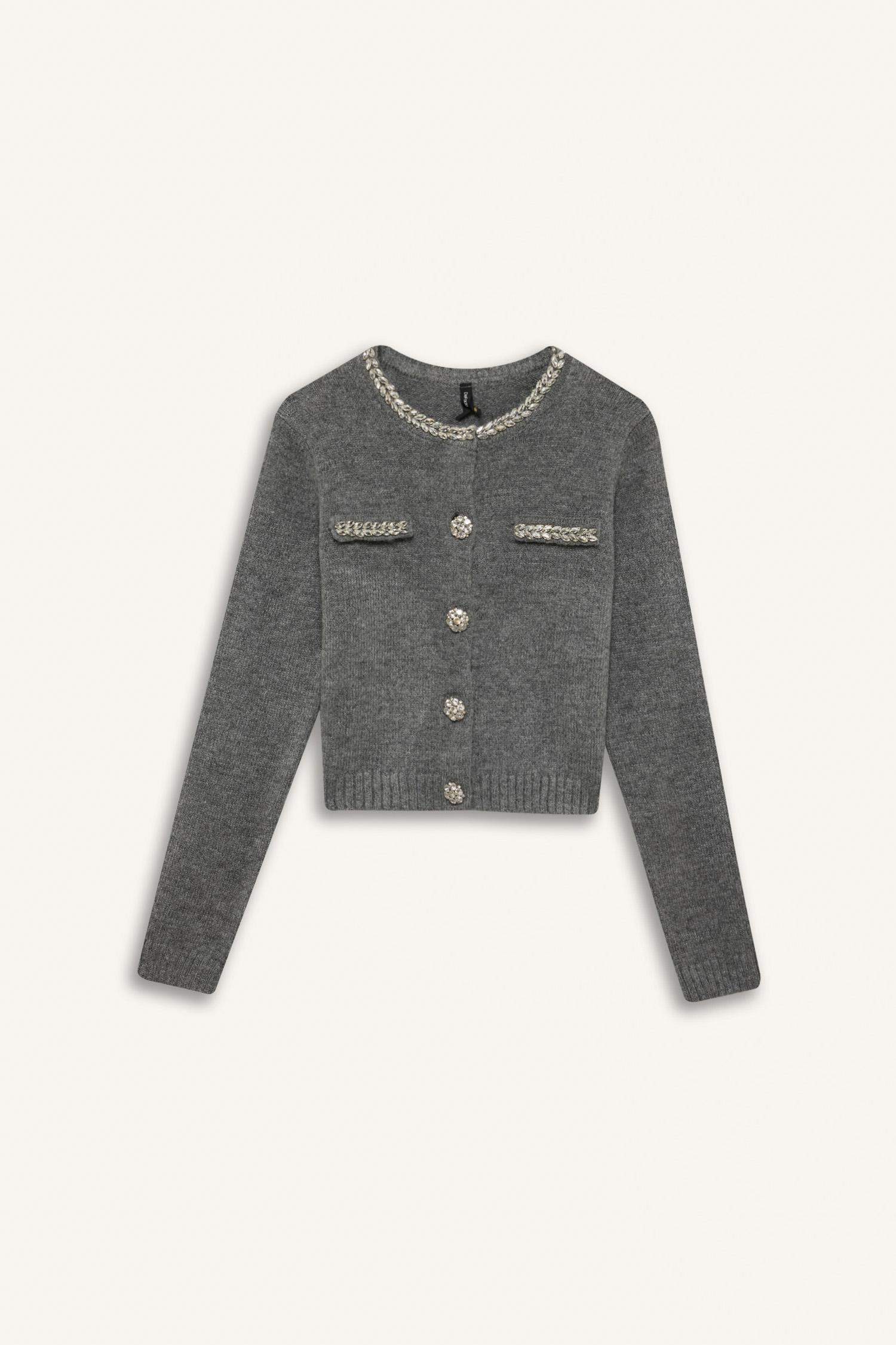 Regular Fit Crew Neck Stoned Buttoned Knitwear Cardigan