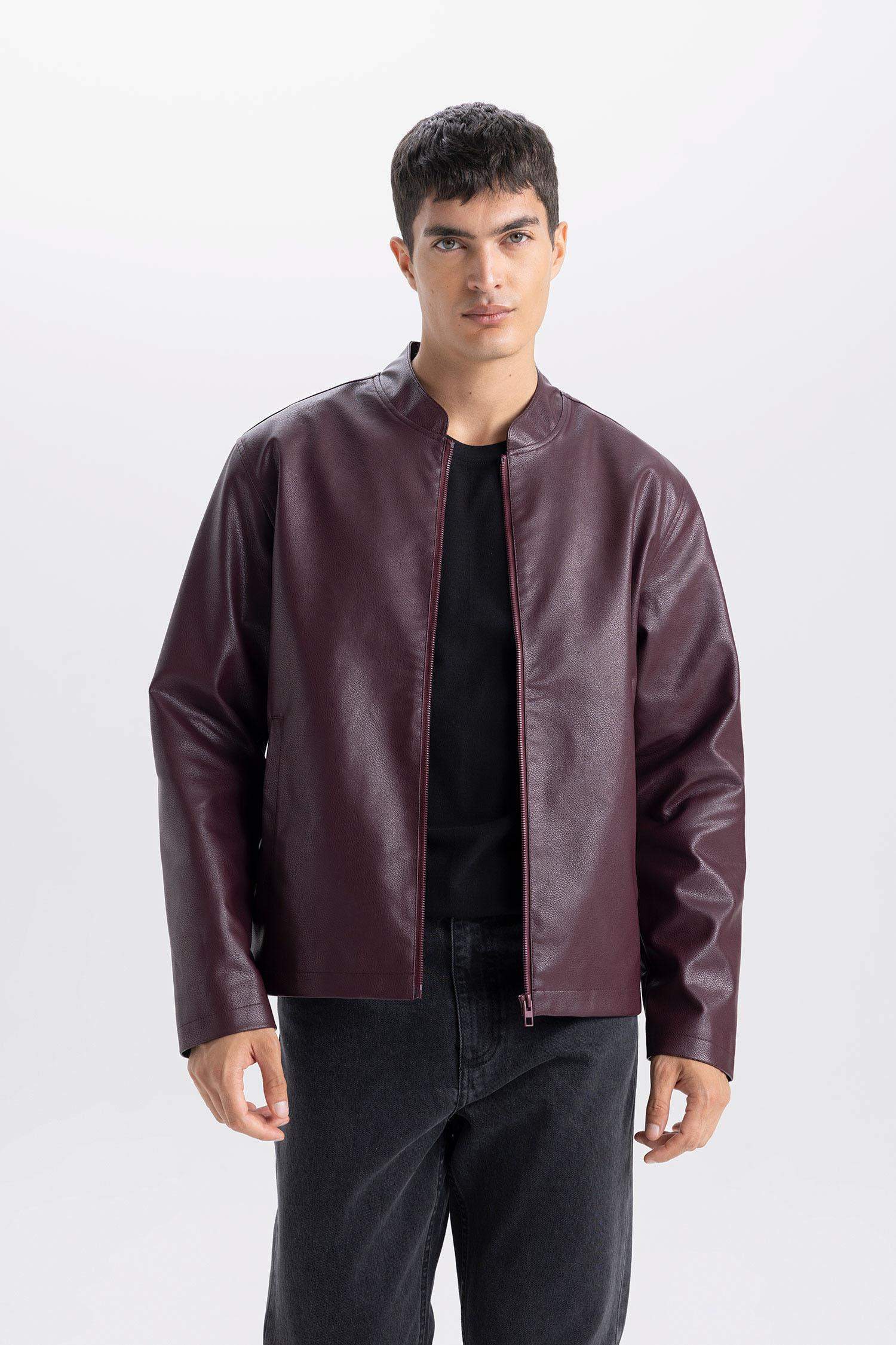 Su İtici Slim Fit Dar Kesim Dik Yaka Fermuarlı Suni Deri Ceket Mont