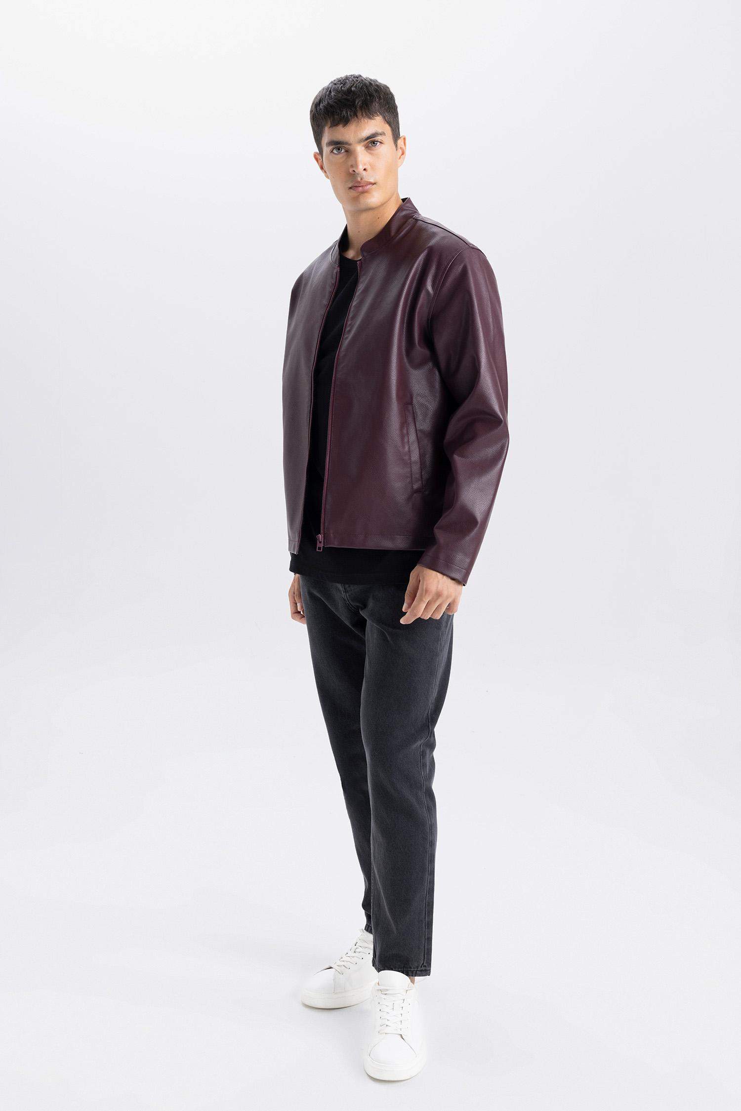 Su İtici Slim Fit Dar Kesim Dik Yaka Fermuarlı Suni Deri Ceket Mont