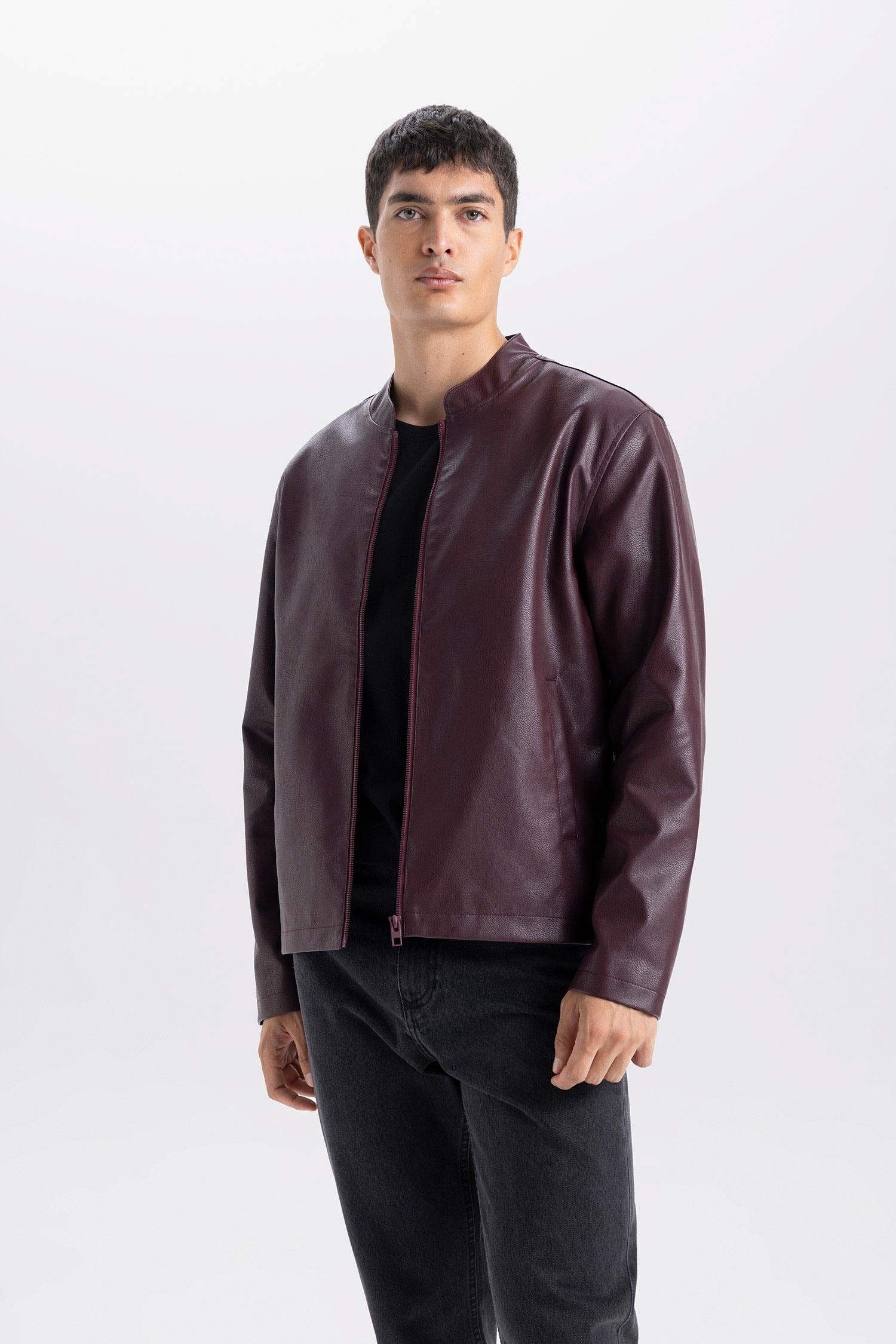 Su İtici Slim Fit Dar Kesim Dik Yaka Fermuarlı Suni Deri Ceket Mont