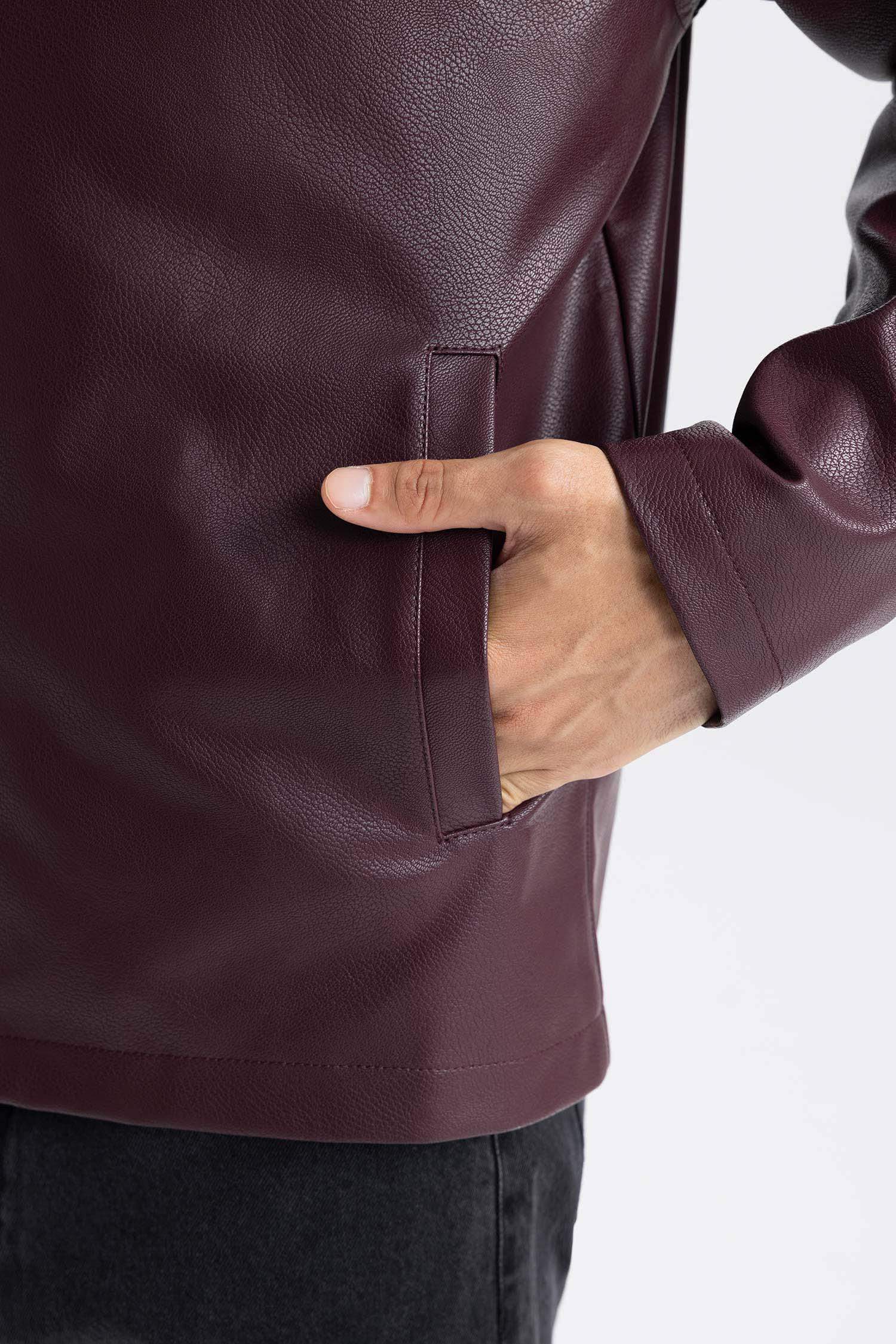 Su İtici Slim Fit Dar Kesim Dik Yaka Fermuarlı Suni Deri Ceket Mont