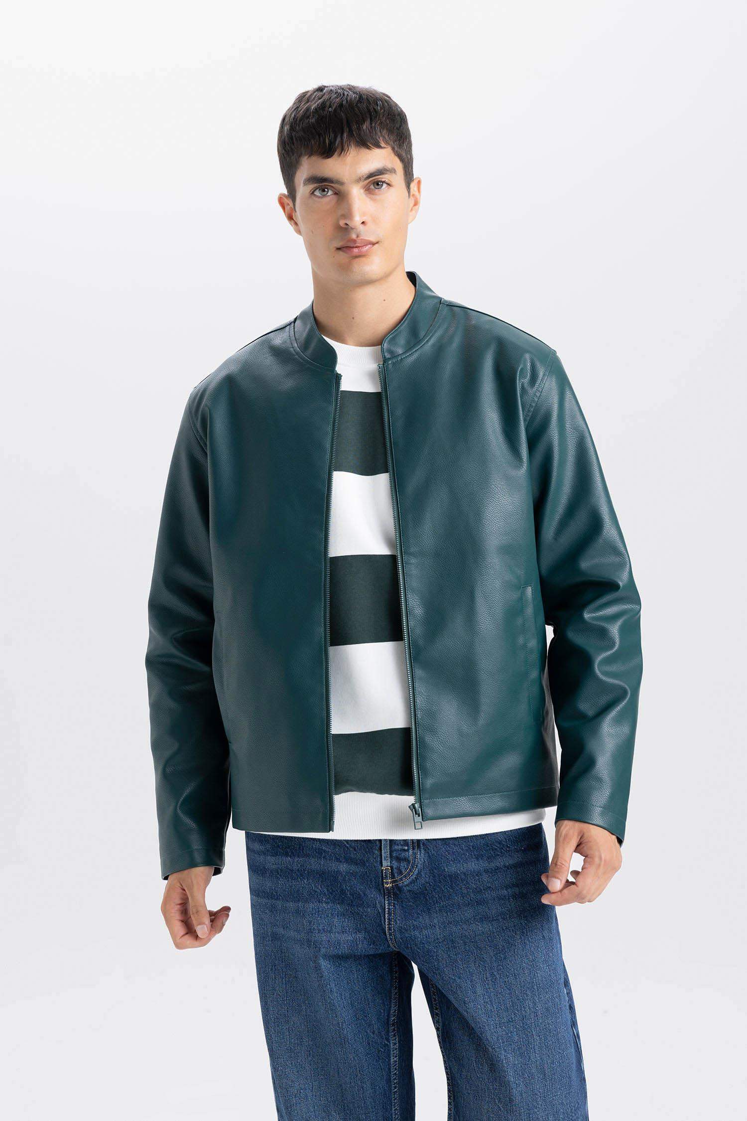 Su İtici Slim Fit Dar Kesim Dik Yaka Fermuarlı Suni Der Ceket Mont