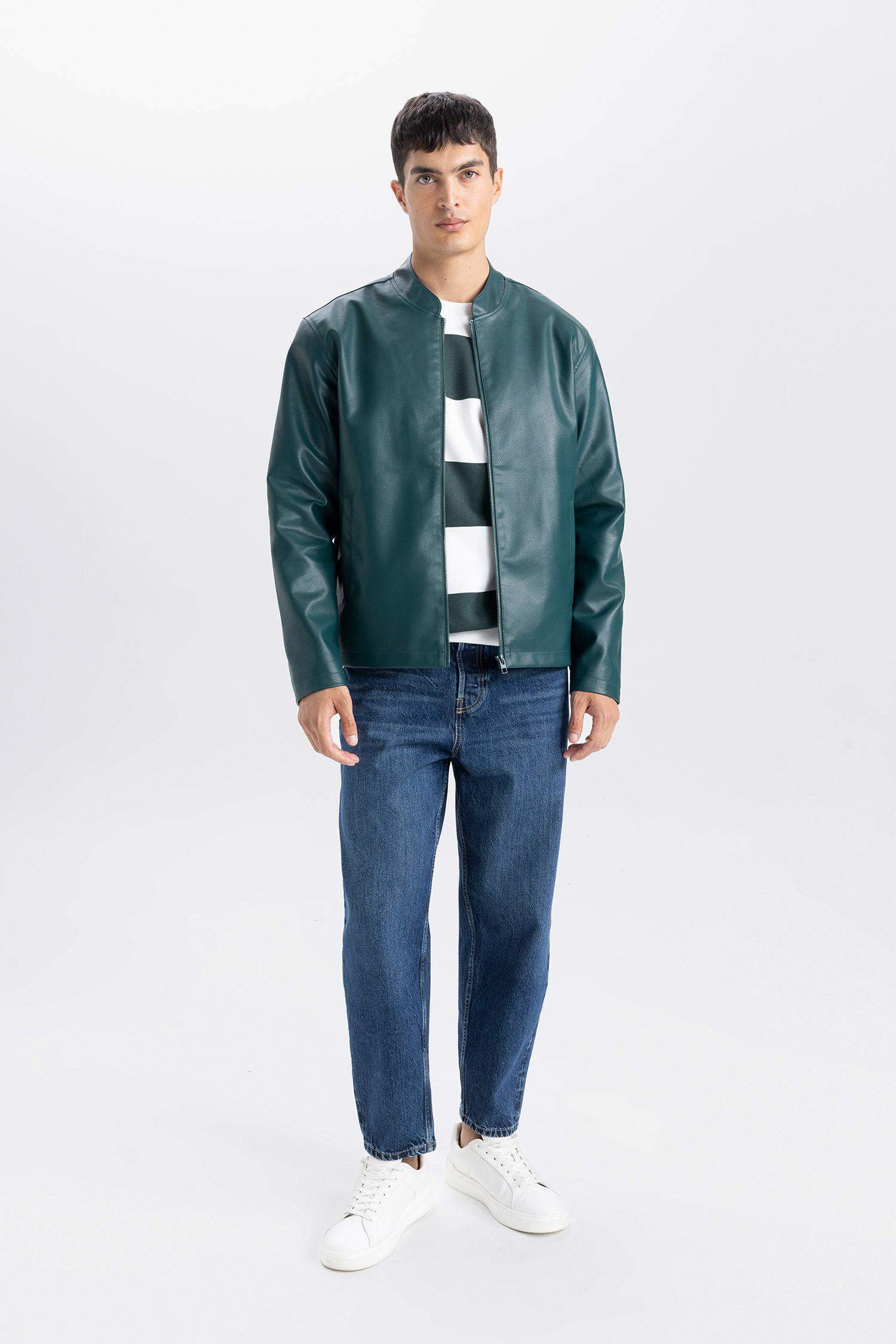 Su İtici Slim Fit Dar Kesim Dik Yaka Fermuarlı Suni Der Ceket Mont