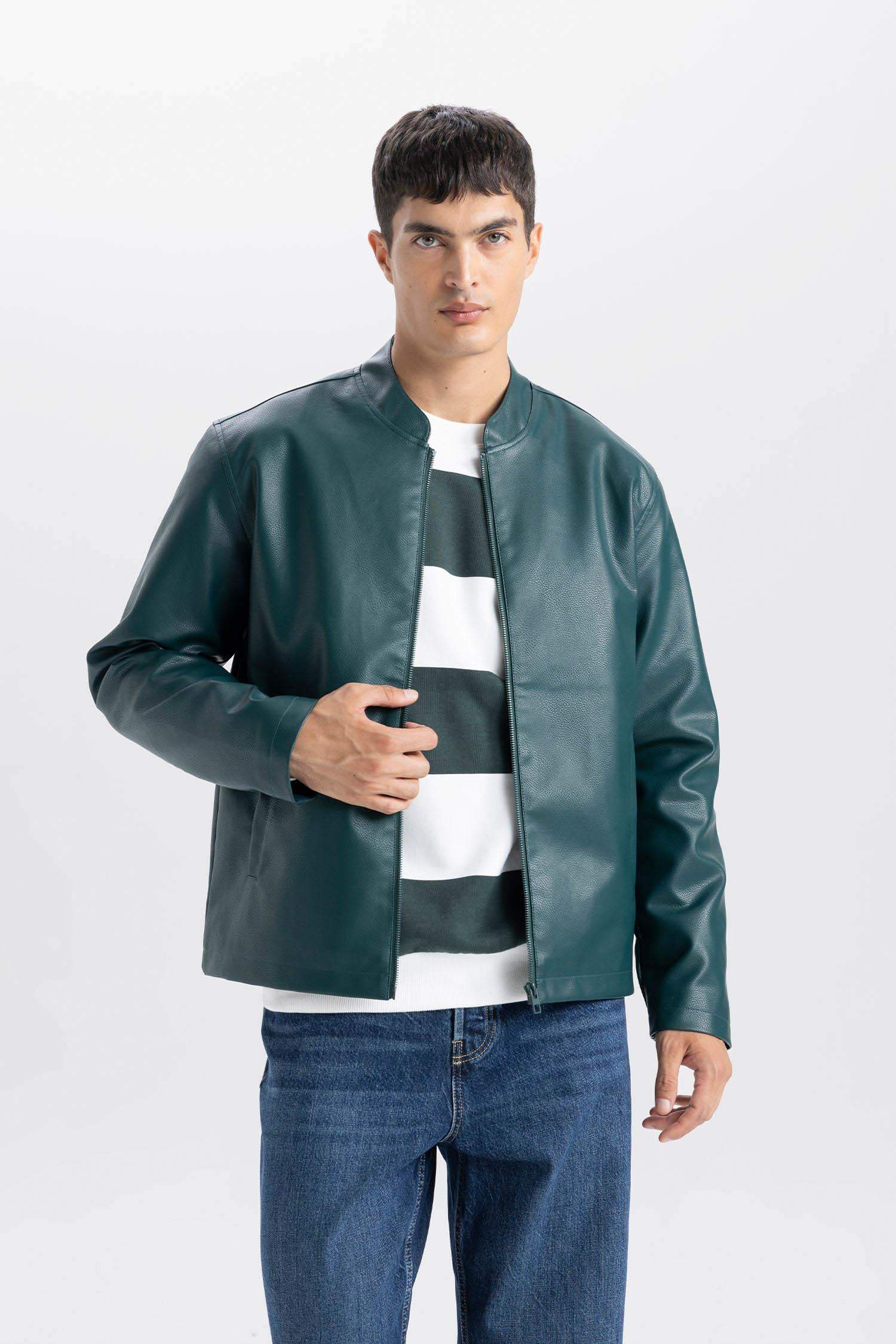 Su İtici Slim Fit Dar Kesim Dik Yaka Fermuarlı Suni Der Ceket Mont