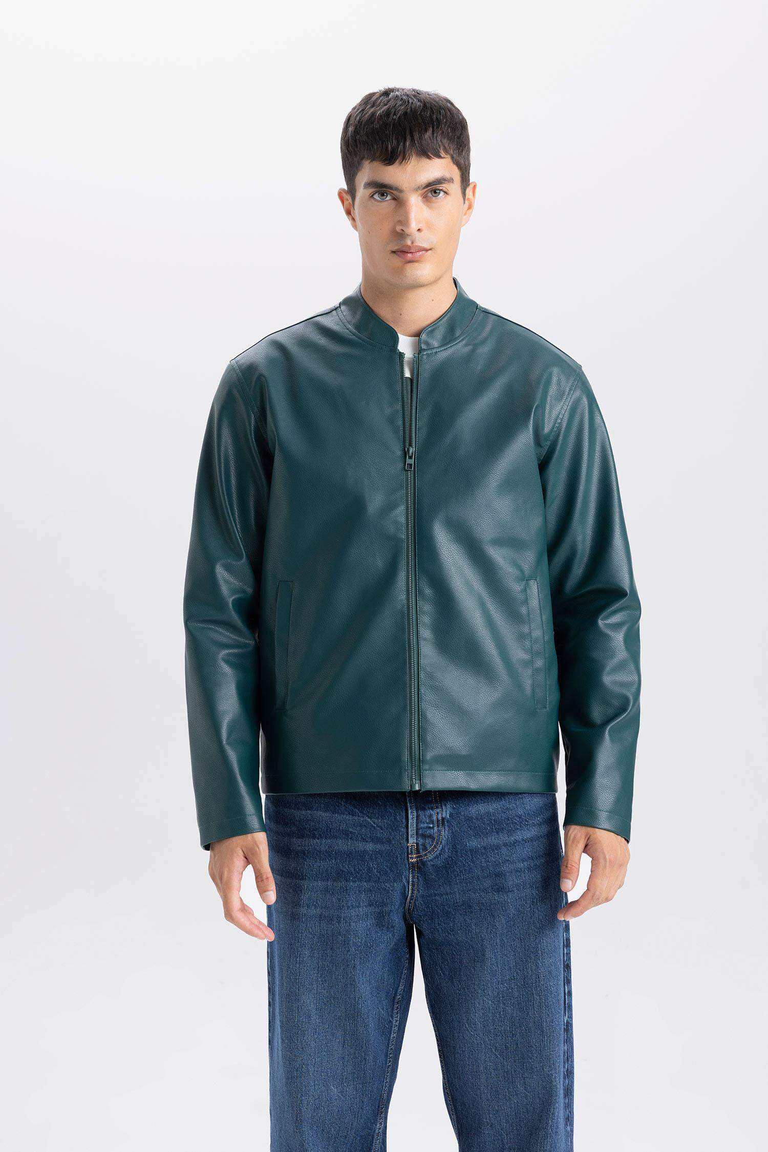 Su İtici Slim Fit Dar Kesim Dik Yaka Fermuarlı Suni Der Ceket Mont