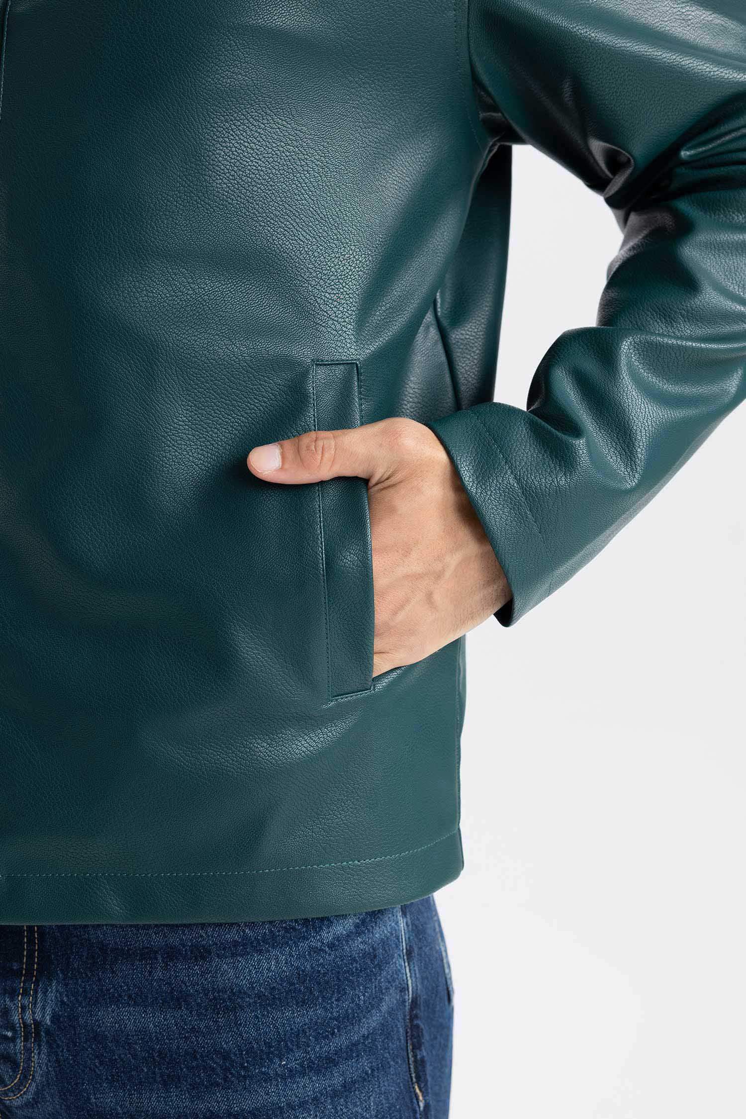 Su İtici Slim Fit Dar Kesim Dik Yaka Fermuarlı Suni Der Ceket Mont