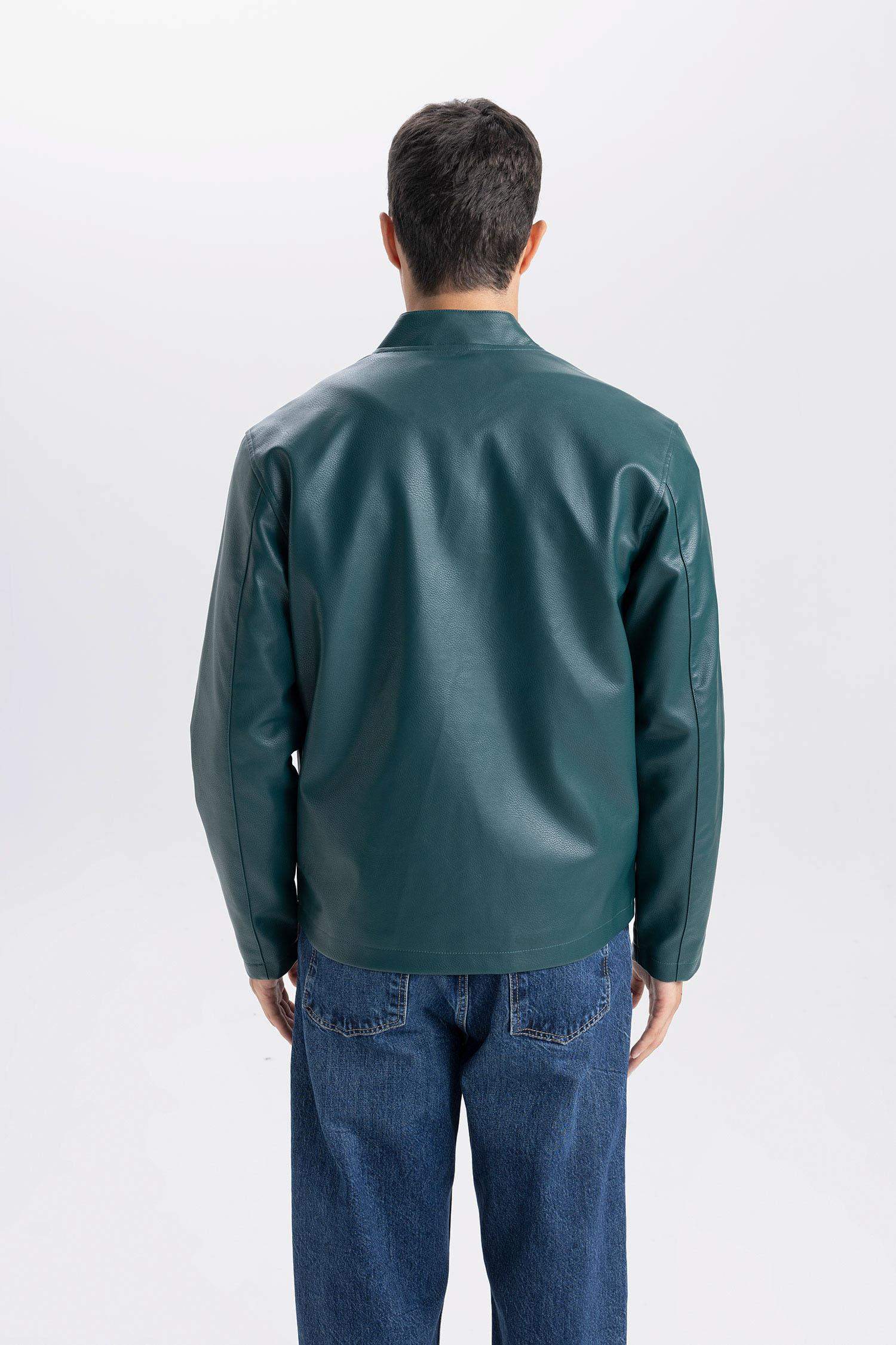 Su İtici Slim Fit Dar Kesim Dik Yaka Fermuarlı Suni Der Ceket Mont