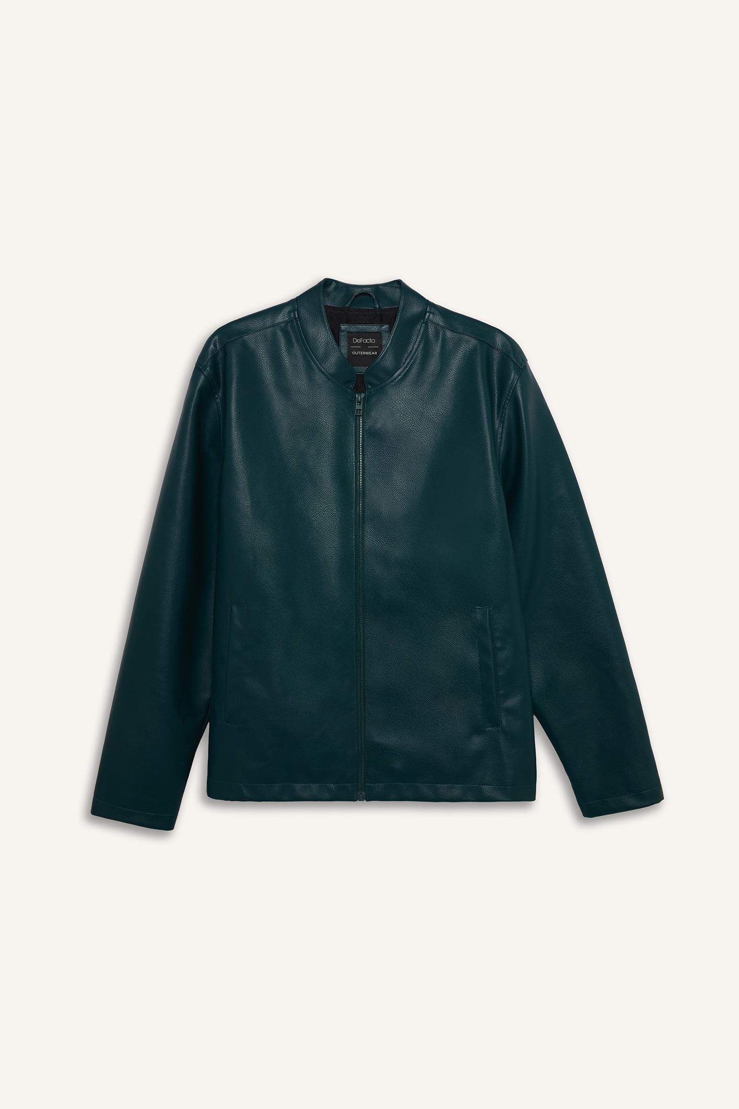 Su İtici Slim Fit Dar Kesim Dik Yaka Fermuarlı Suni Der Ceket Mont