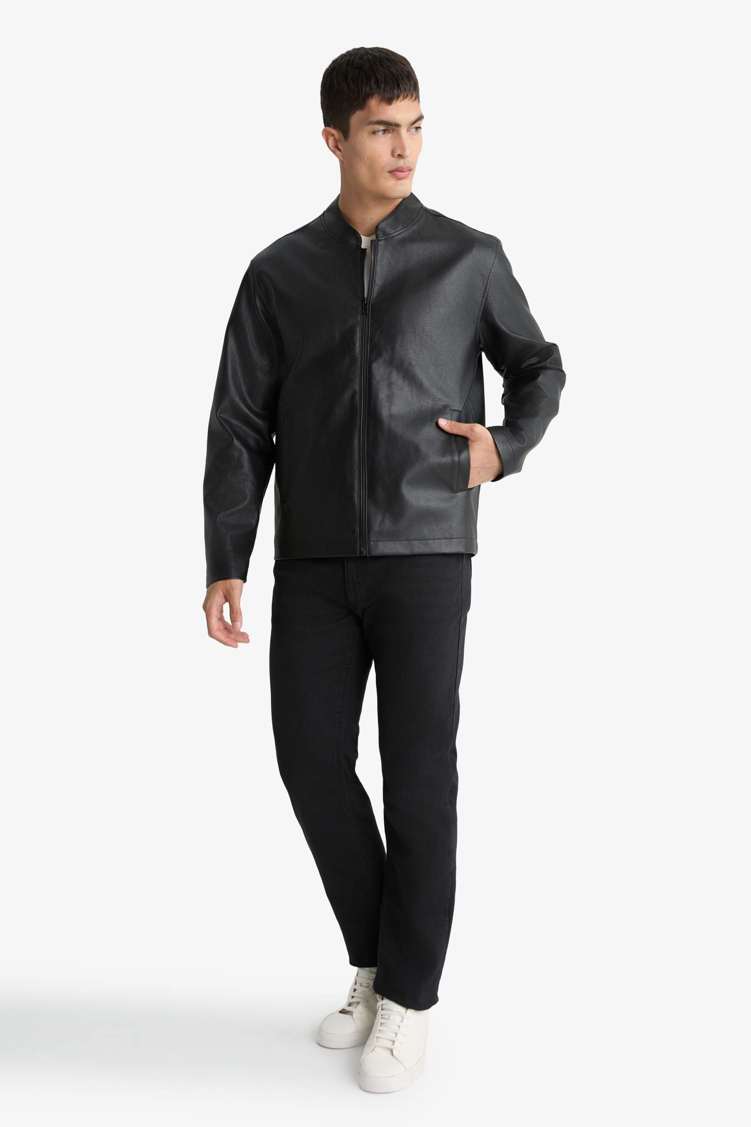 Su İtici Slim Fit Dar Kesim Dik Yaka Fermuarlı Suni Der Ceket Mont