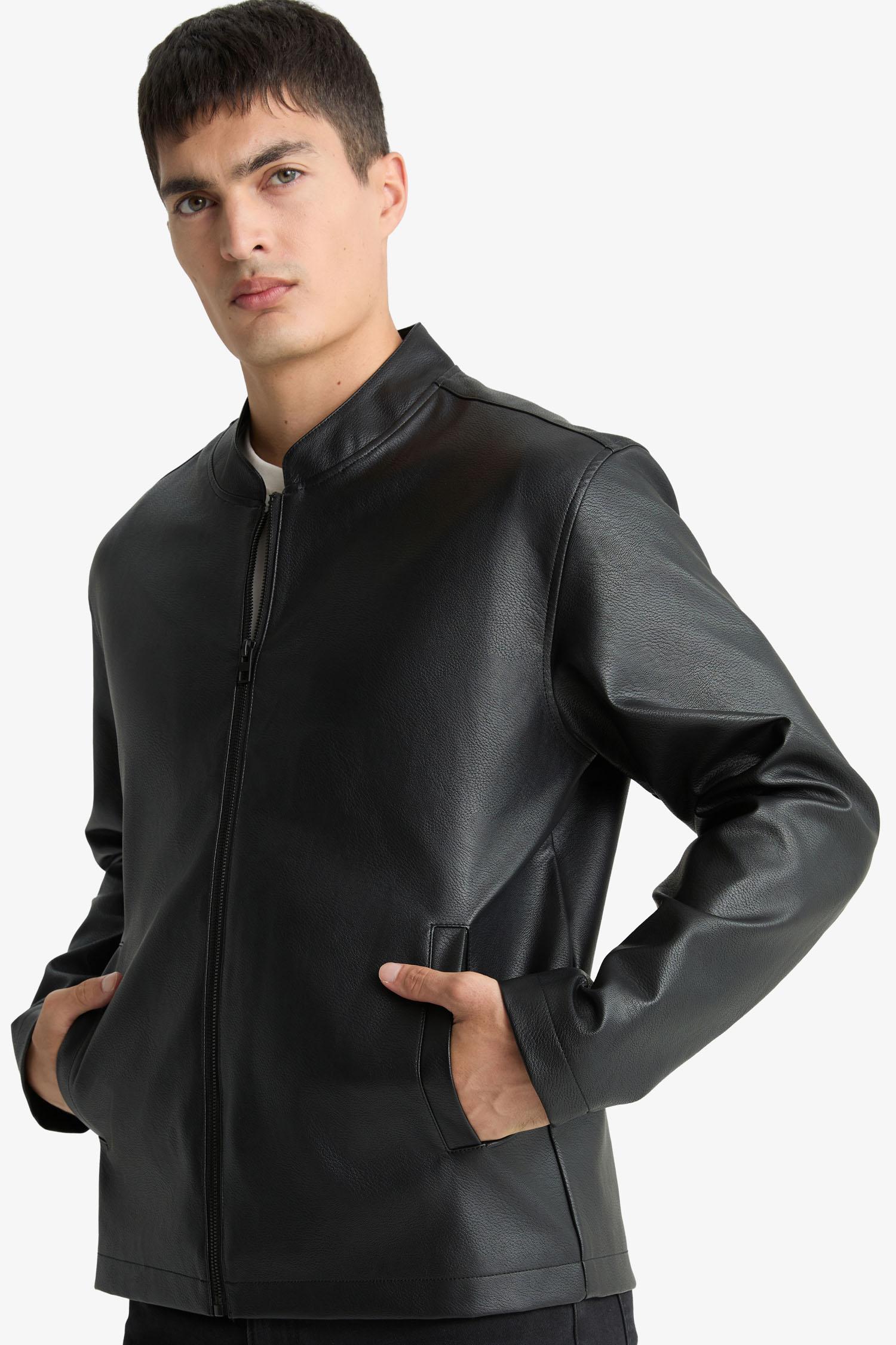 DeFacto Su İtici Slim Fit Suni Deri Ceket Mont görsel 5