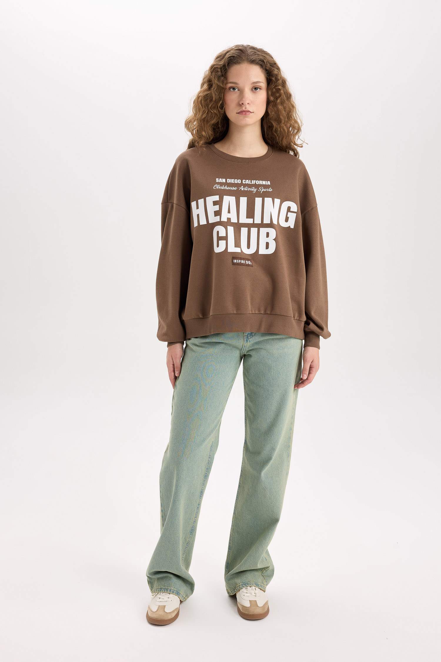 Loose Fit Bisiklet Yaka Baskılı Kalın Sweatshirt