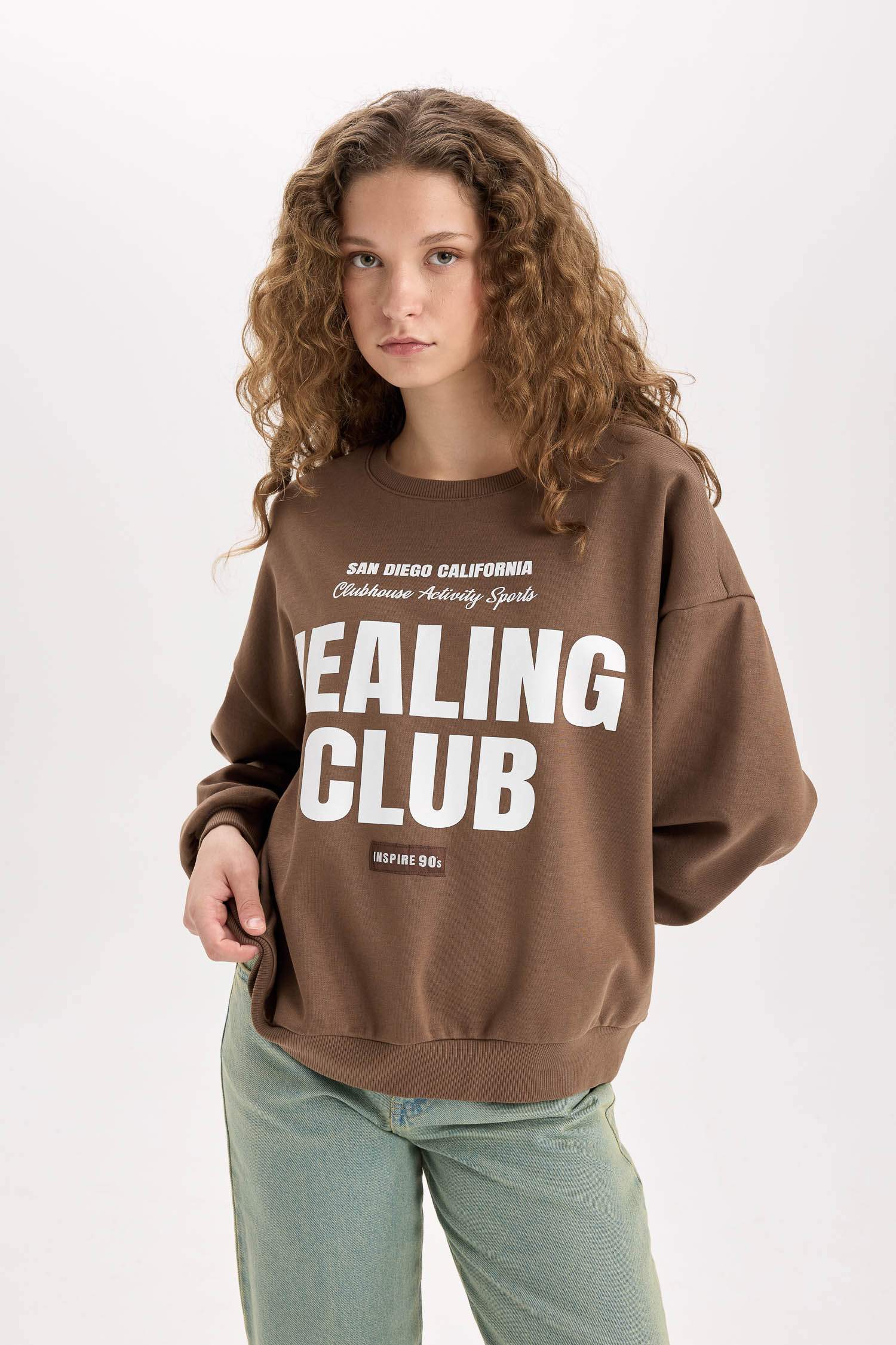 Loose Fit Bisiklet Yaka Baskılı Kalın Sweatshirt