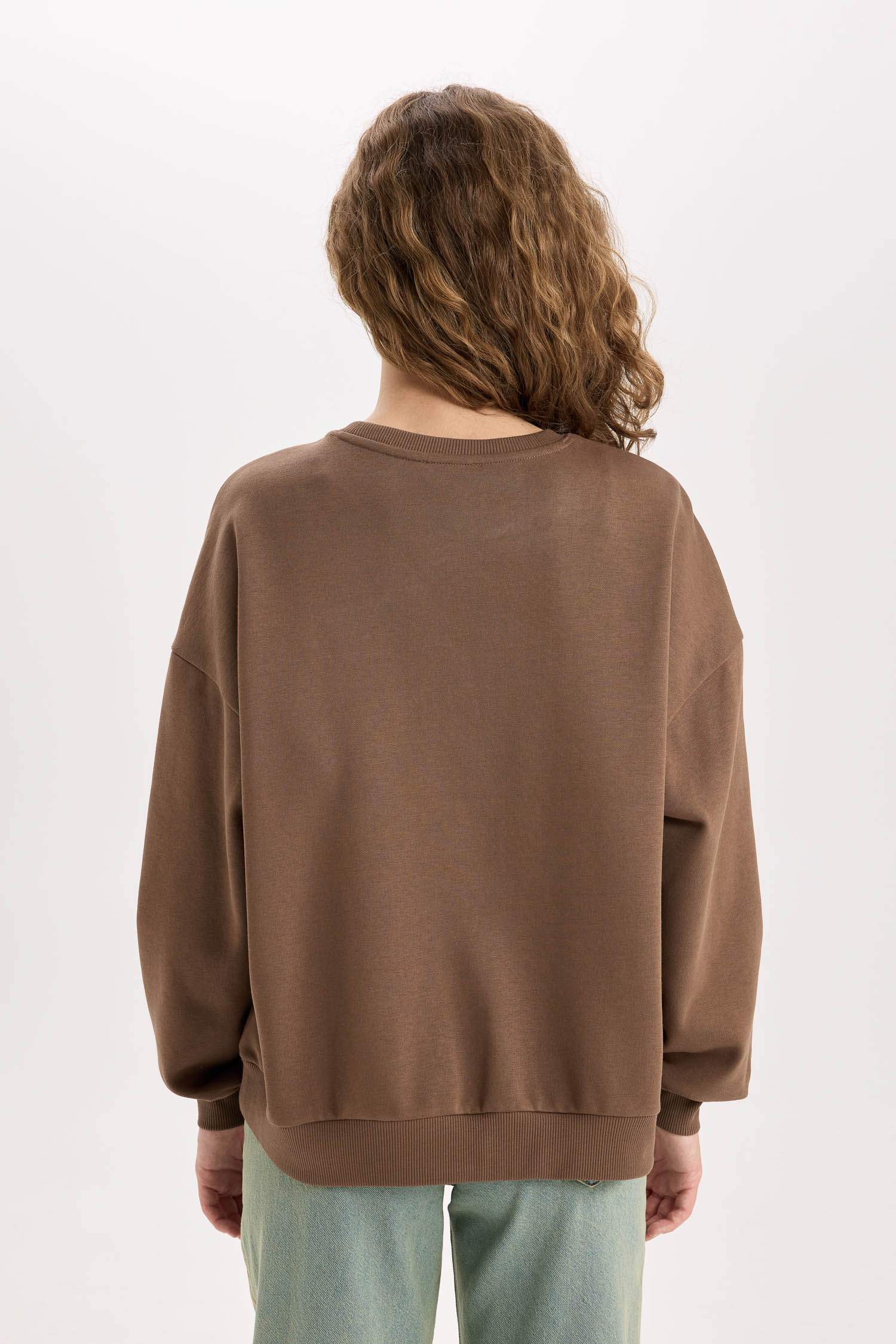 Loose Fit Bisiklet Yaka Baskılı Kalın Sweatshirt