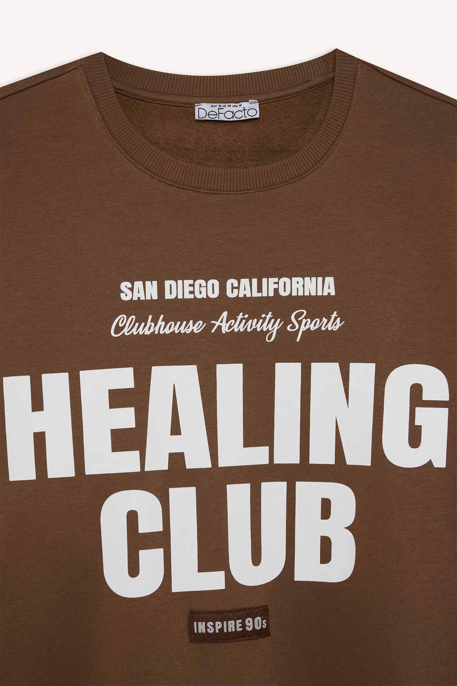 Loose Fit Bisiklet Yaka Baskılı Kalın Sweatshirt