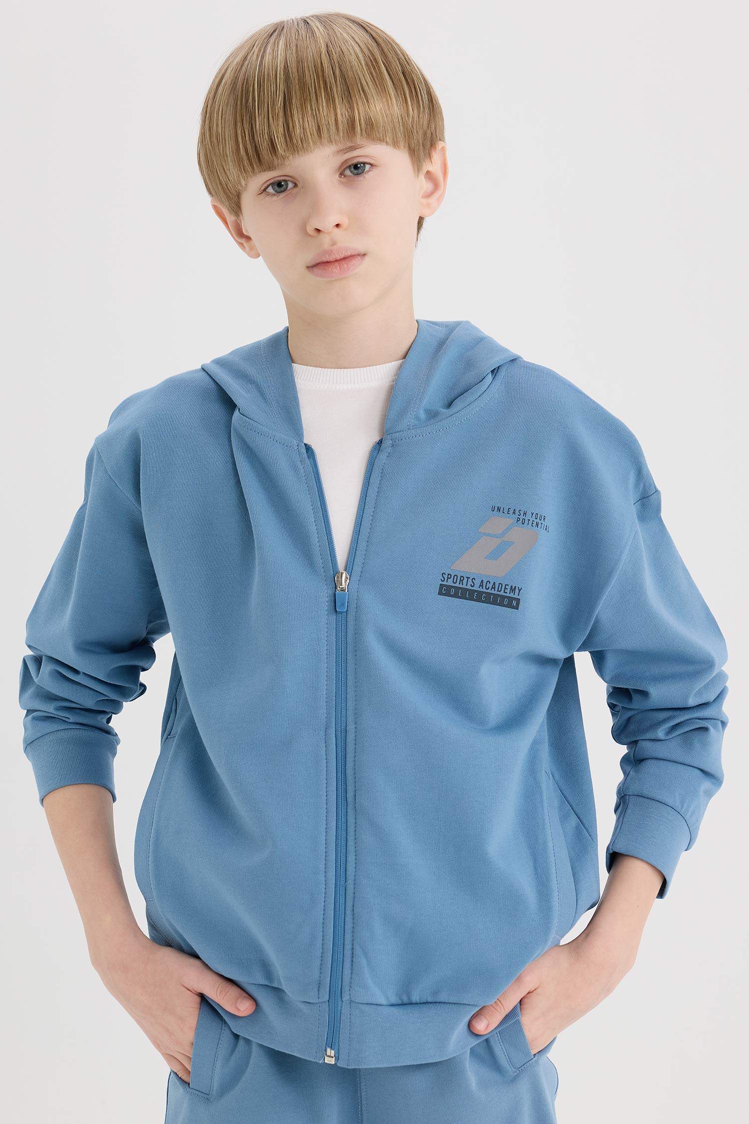 Erkek Çocuk Baskılı Kapüşonlu Fermuarlı Sweatshirt