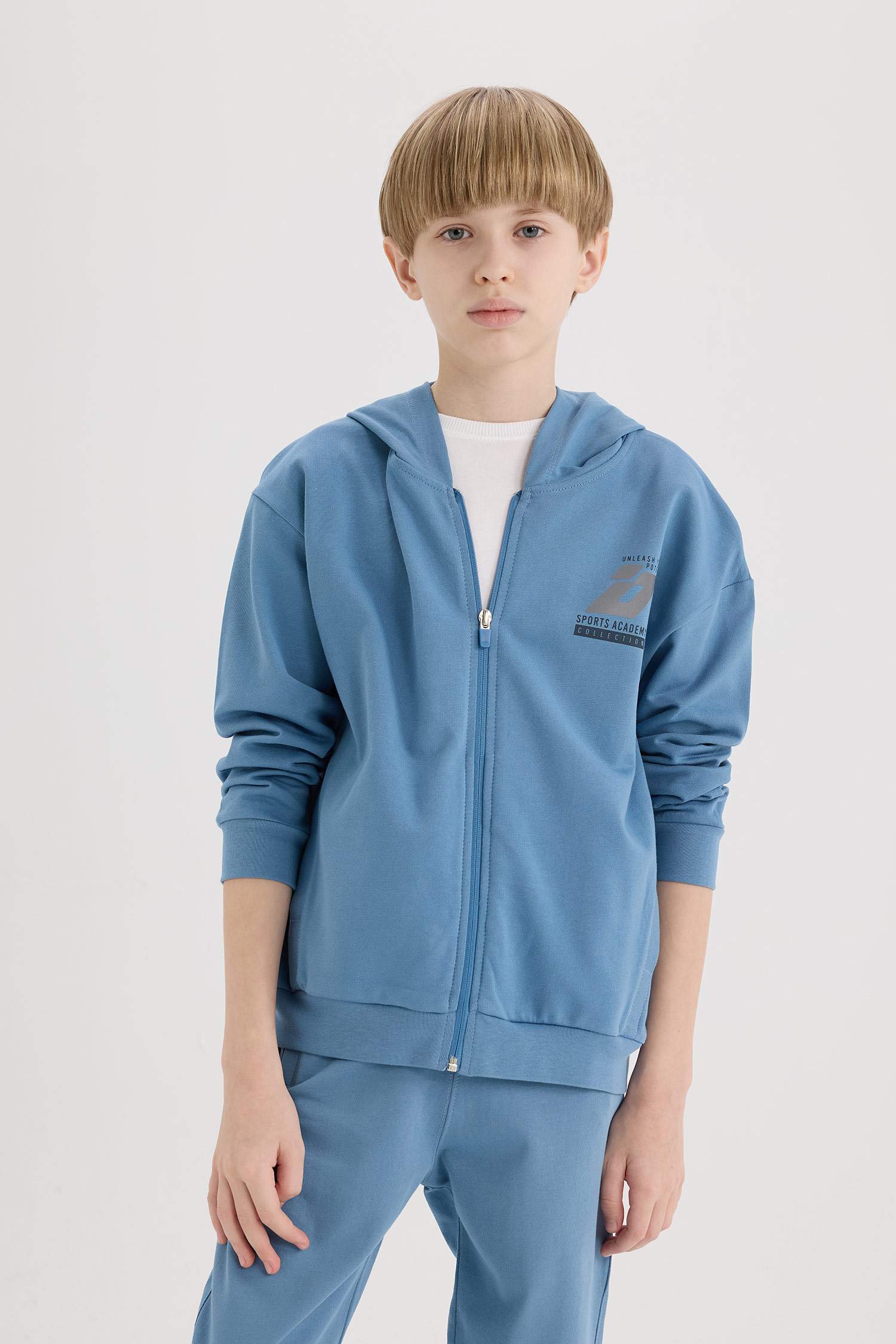 Erkek Çocuk Baskılı Kapüşonlu Fermuarlı Sweatshirt