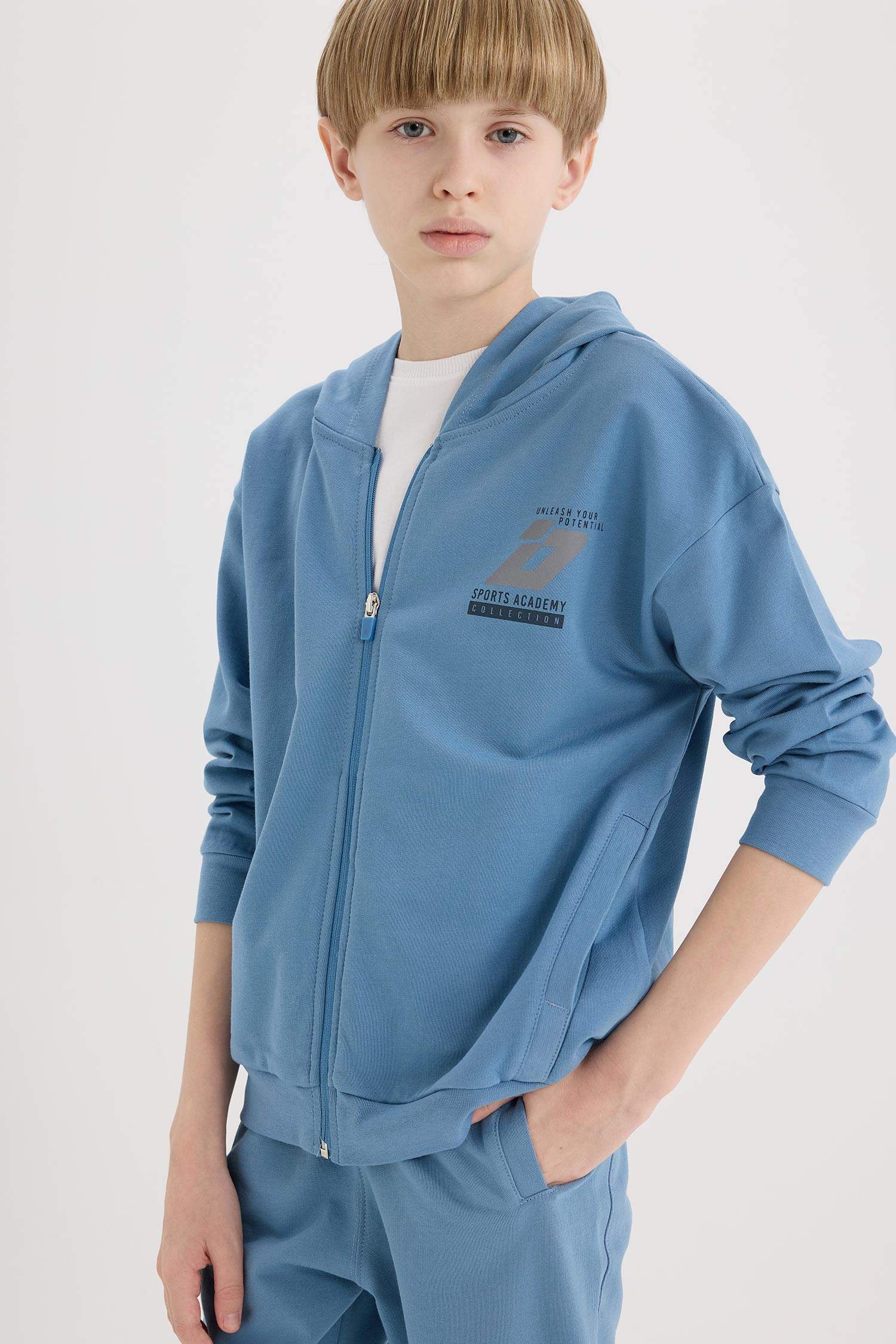 Erkek Çocuk Baskılı Kapüşonlu Fermuarlı Sweatshirt