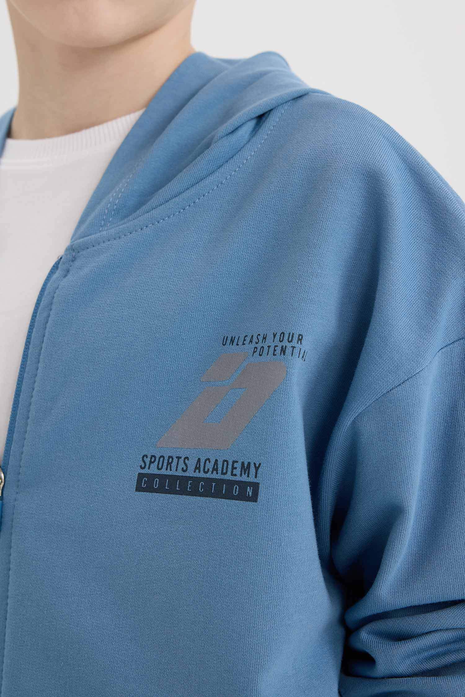 Erkek Çocuk Baskılı Kapüşonlu Fermuarlı Sweatshirt