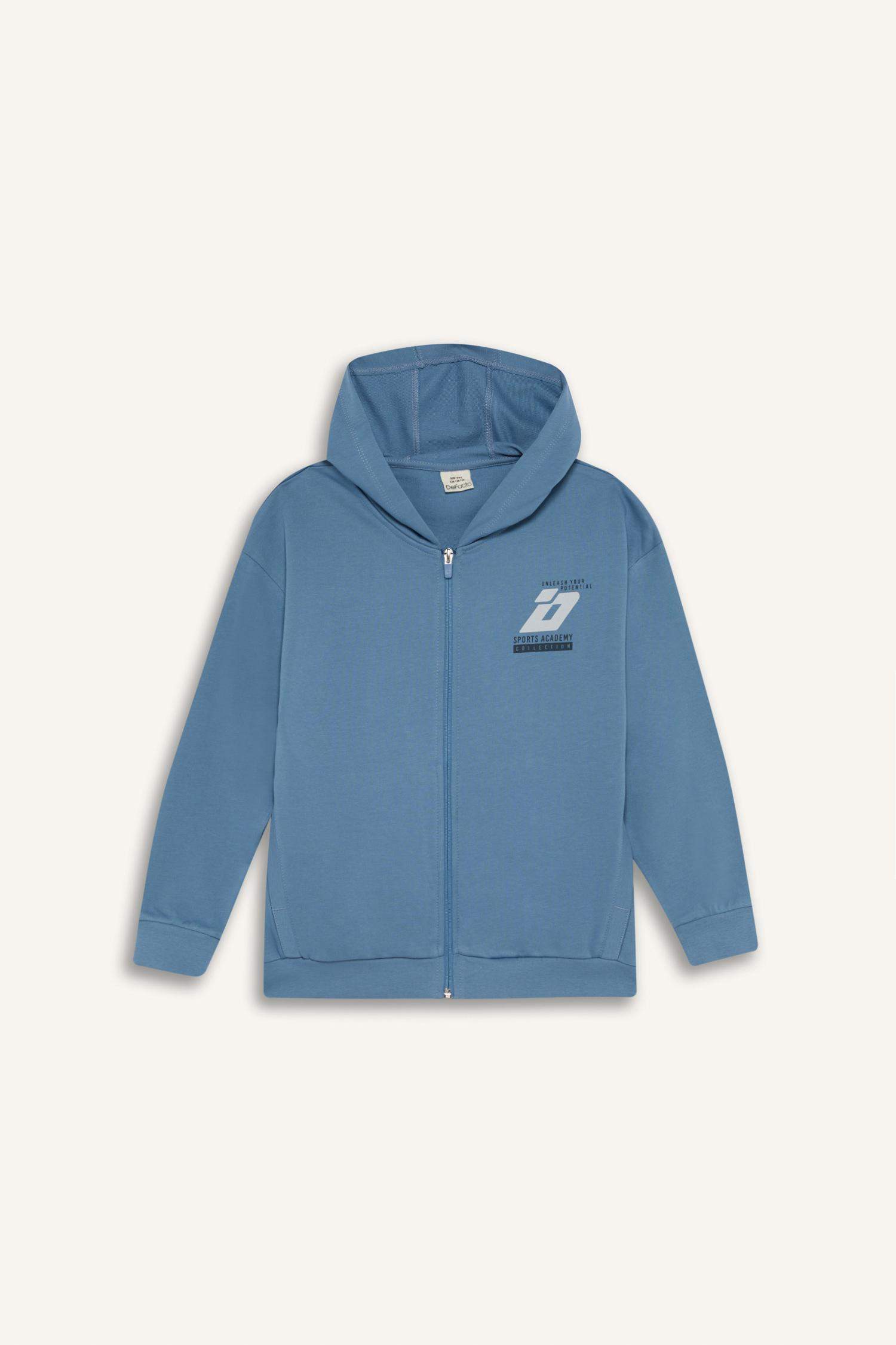 Erkek Çocuk Baskılı Kapüşonlu Fermuarlı Sweatshirt