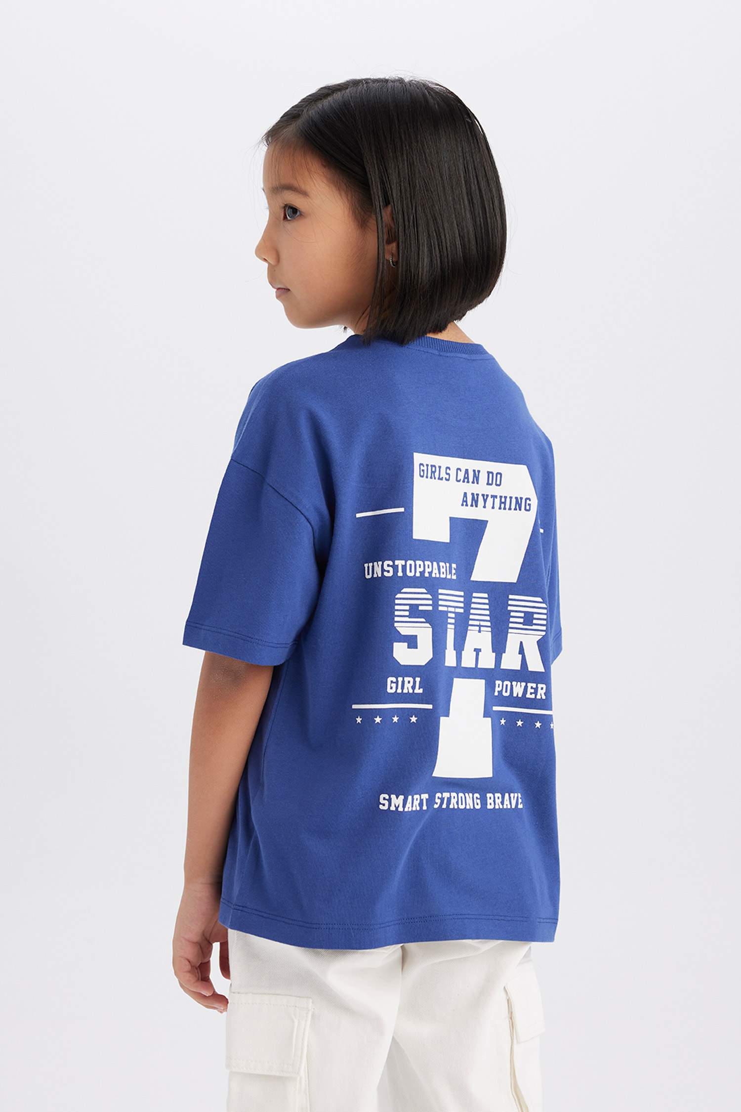 Kız Çocuk Oversize Geniş Kalıp Bisiklet Yaka Sırt Baskılı Kısa Kollu Tişört