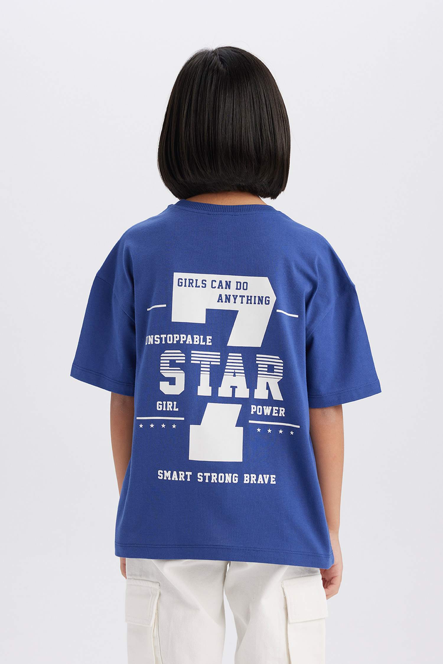 Kız Çocuk Oversize Geniş Kalıp Bisiklet Yaka Sırt Baskılı Kısa Kollu Tişört