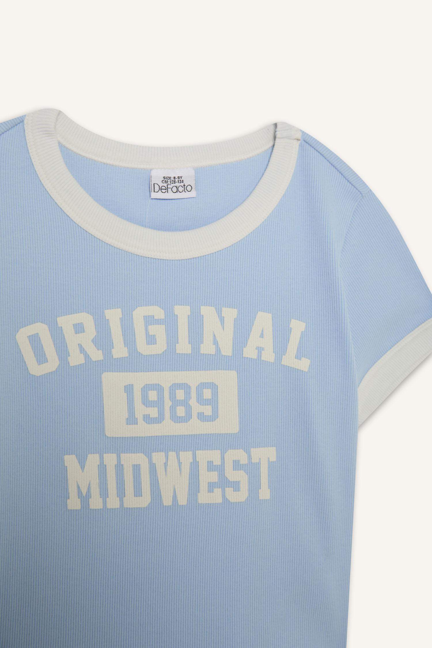 Kız Çocuk Slim Fit Dar Kesim Bisiklet Yaka Baskılı Fitilli Kaşkorse Kısa Kollu Tişört