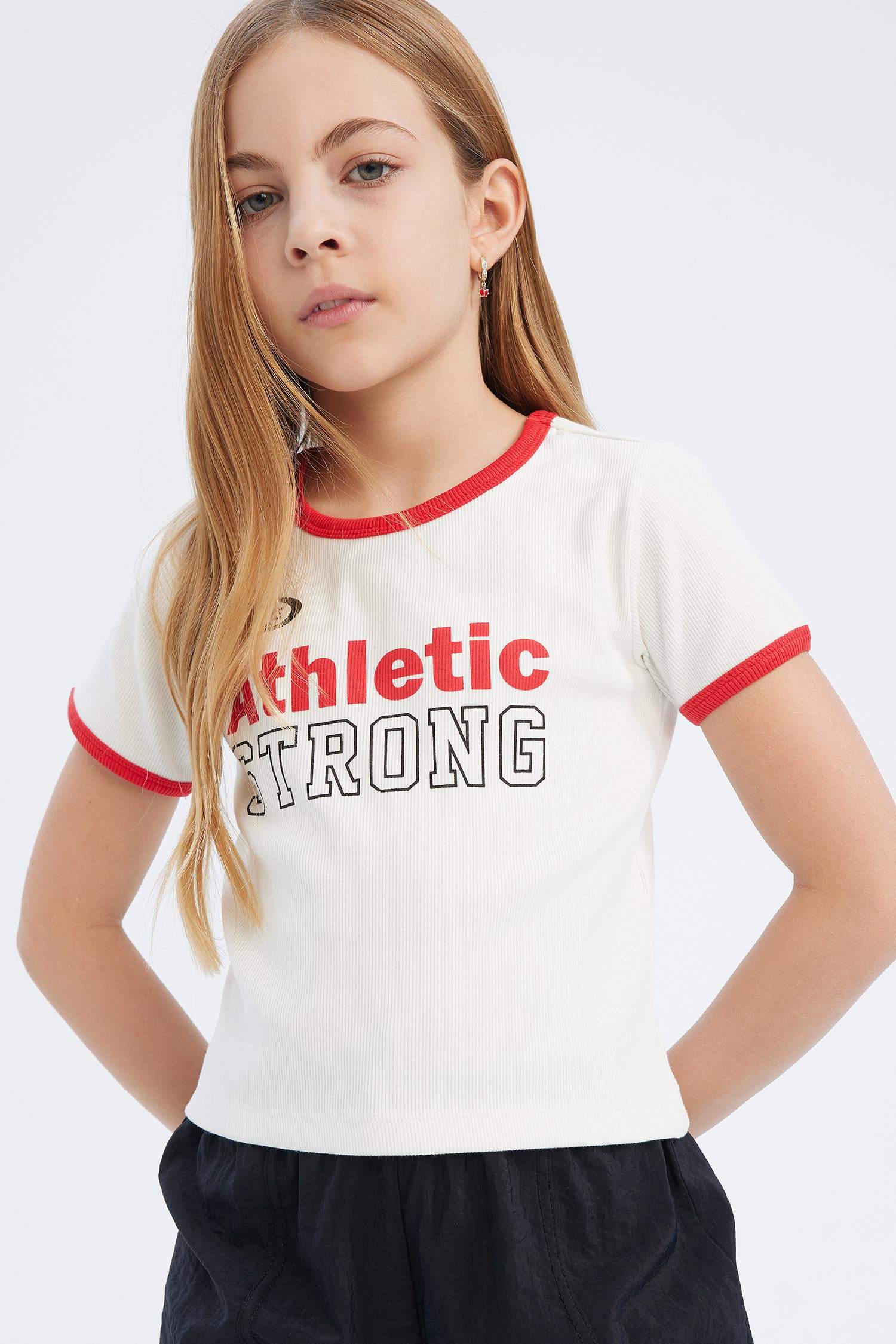 Kız Çocuk Slim Fit Dar Kesim Bisiklet Yaka Baskılı Fitilli Kaşkorse Kısa Kollu Tişört