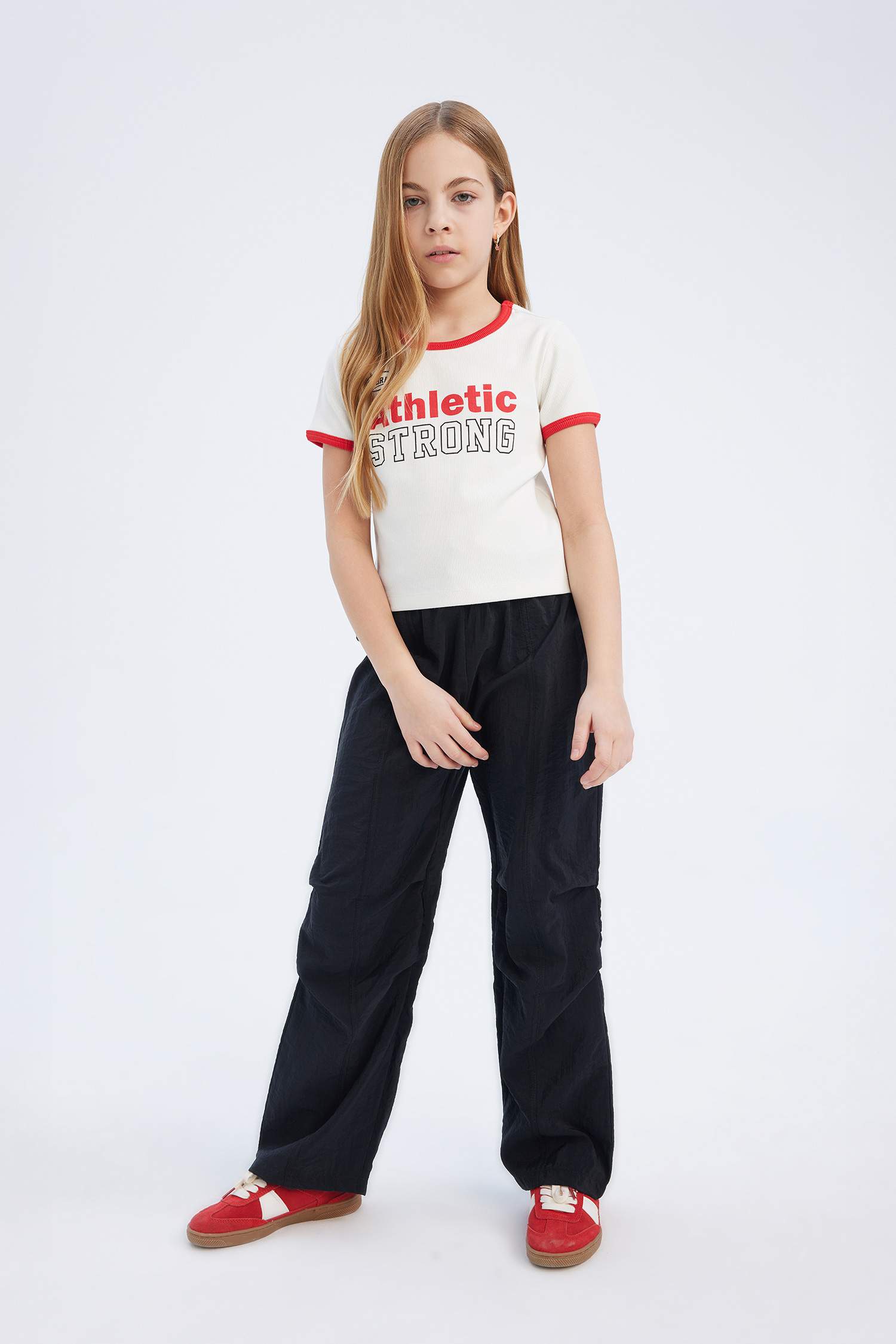 Kız Çocuk Slim Fit Dar Kesim Bisiklet Yaka Baskılı Fitilli Kaşkorse Kısa Kollu Tişört