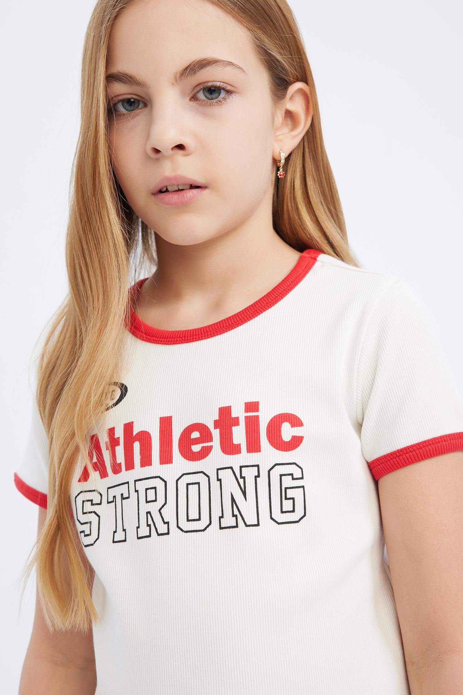 Kız Çocuk Slim Fit Dar Kesim Bisiklet Yaka Baskılı Fitilli Kaşkorse Kısa Kollu Tişört