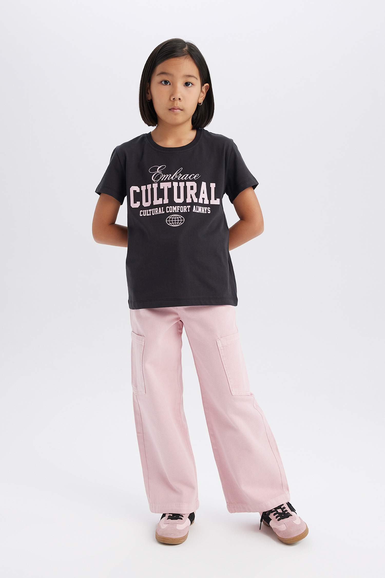 Kız Çocuk Bisiklet Yaka Baskılı Kısa Kollu Tişört