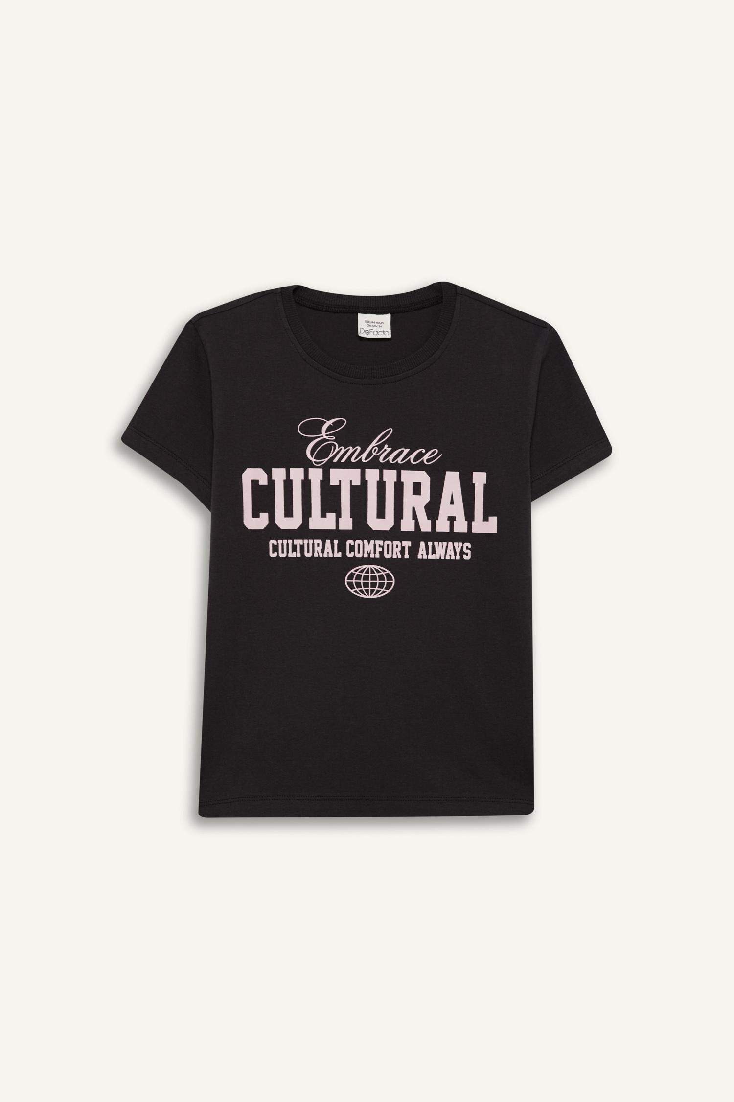 Kız Çocuk Bisiklet Yaka Baskılı Kısa Kollu Tişört