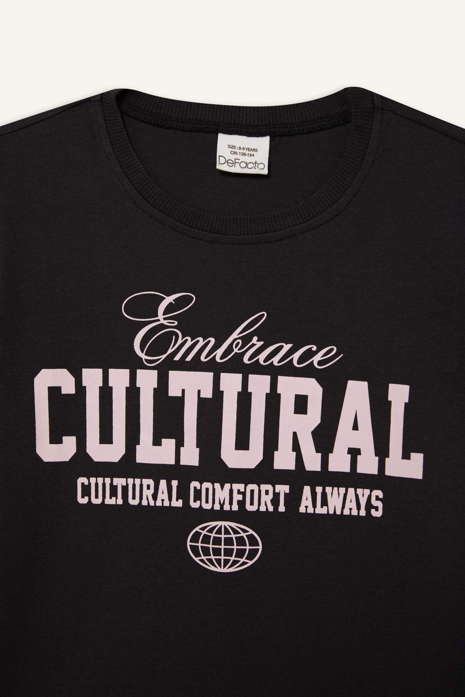 Kız Çocuk Bisiklet Yaka Baskılı Kısa Kollu Tişört