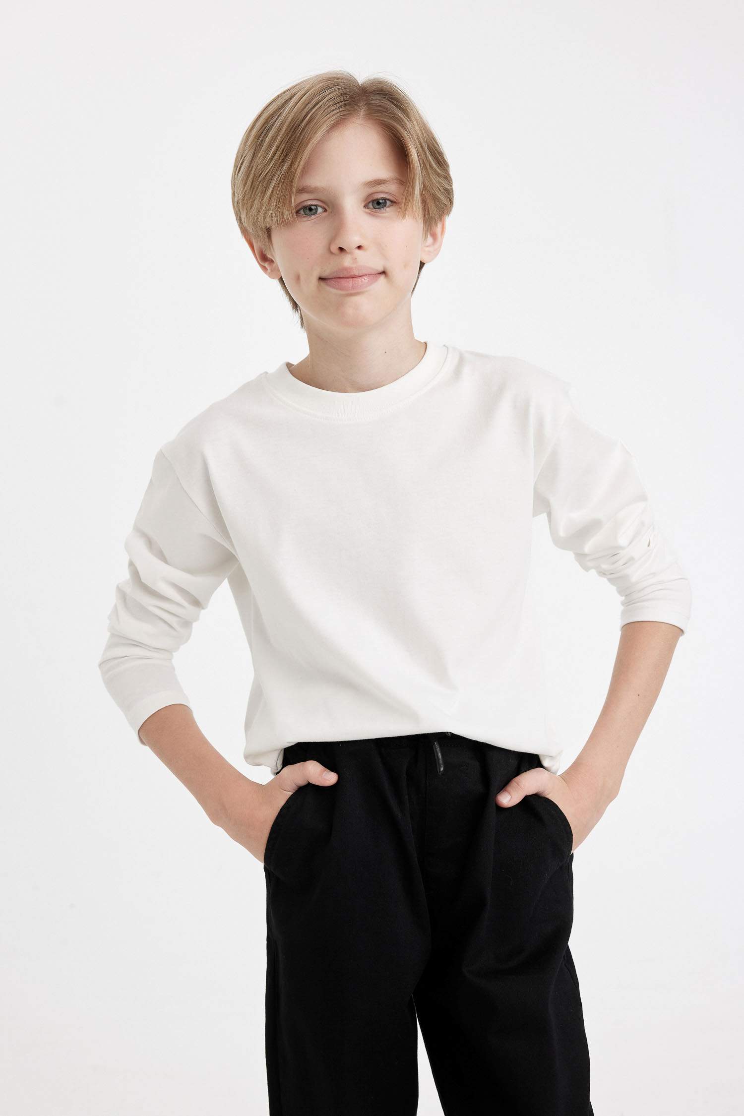 Erkek Çocuk Bisiklet Yaka Basic Düz Uzun Kollu Tişört