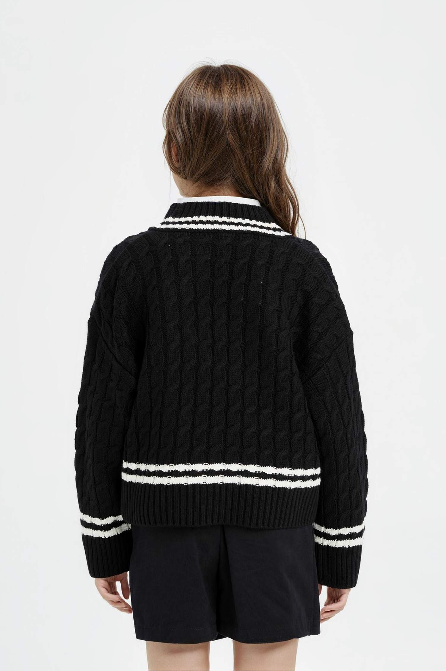 Kız Çocuk V Yaka Saç Örgülü Triko Kazak