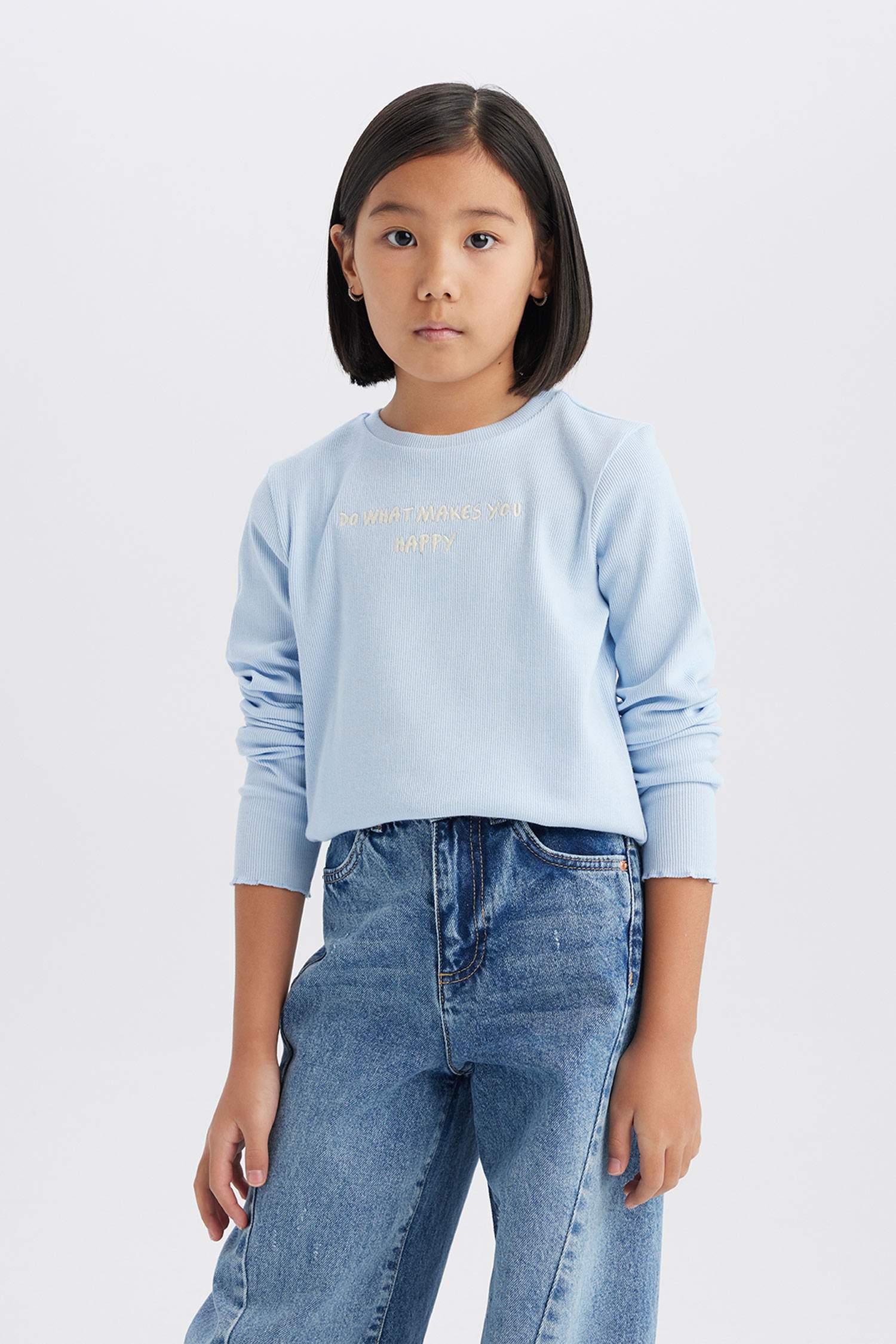 T-shirt slim imprimé à col rond et manches longues pour fille