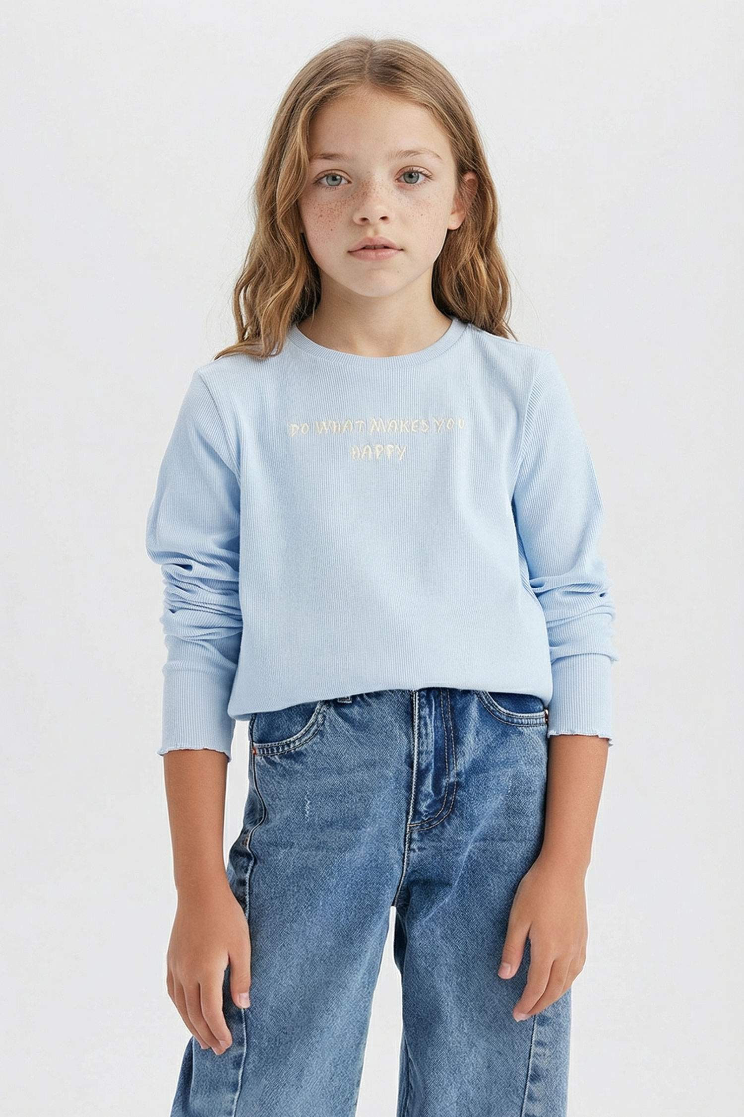 Girl Slim Fit Crew Neck Printed Ribbed Camisole T-Shirt