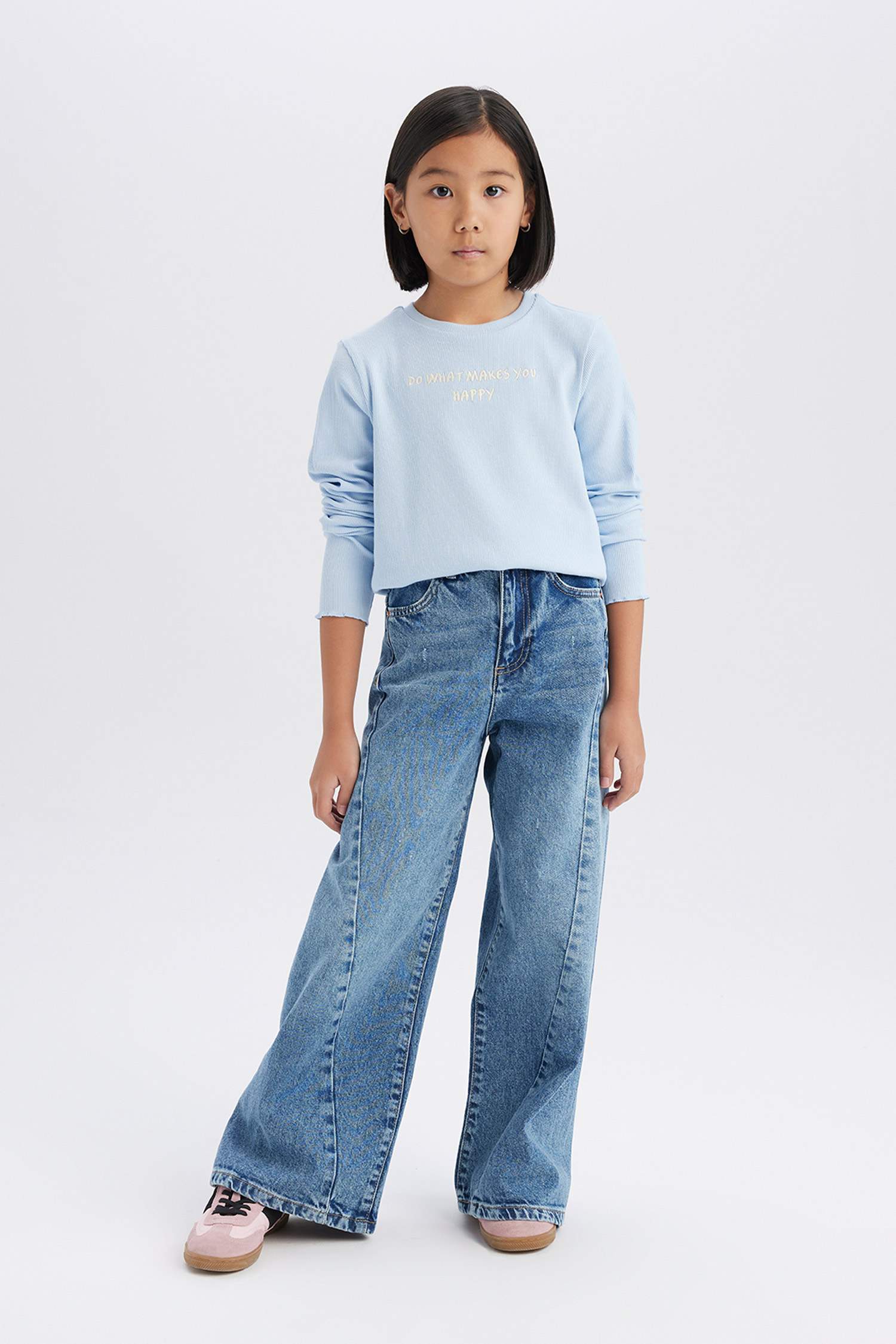 T-shirt slim imprimé à col rond et manches longues pour fille