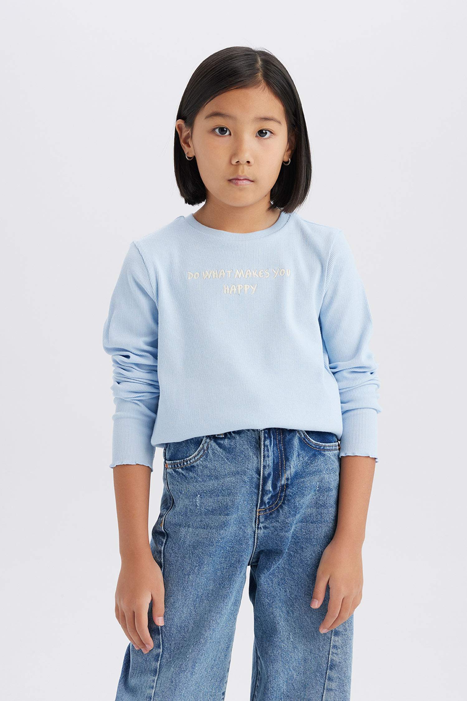 T-shirt slim imprimé à col rond et manches longues pour fille