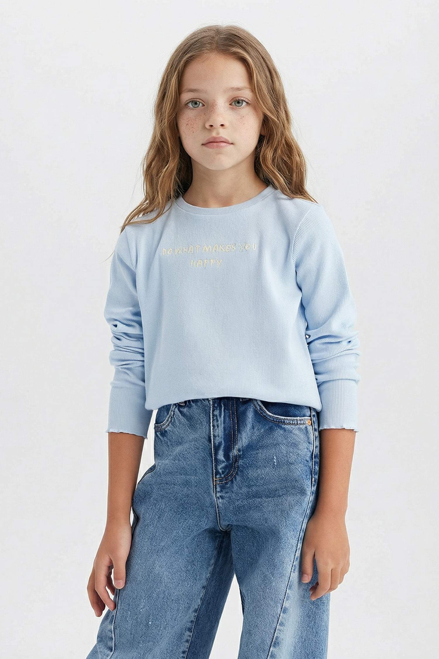 Slim Fit Dar Kesim Bisiklet Yaka Baskılı Fitilli Kaşkorse Uzun Kollu Okul Tişörtü Kız Çocuk