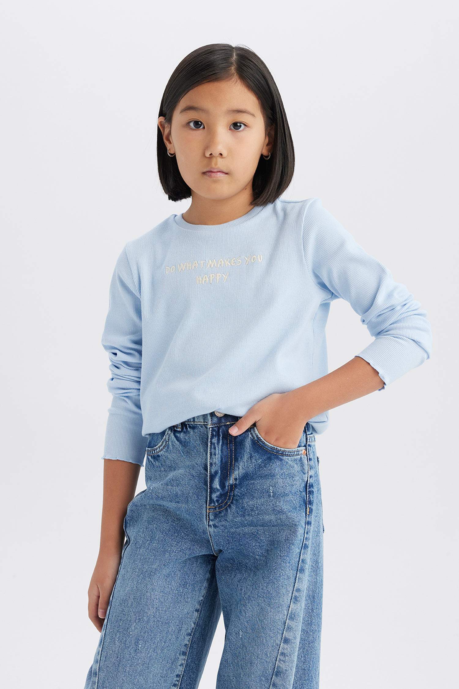 T-shirt slim imprimé à col rond et manches longues pour fille