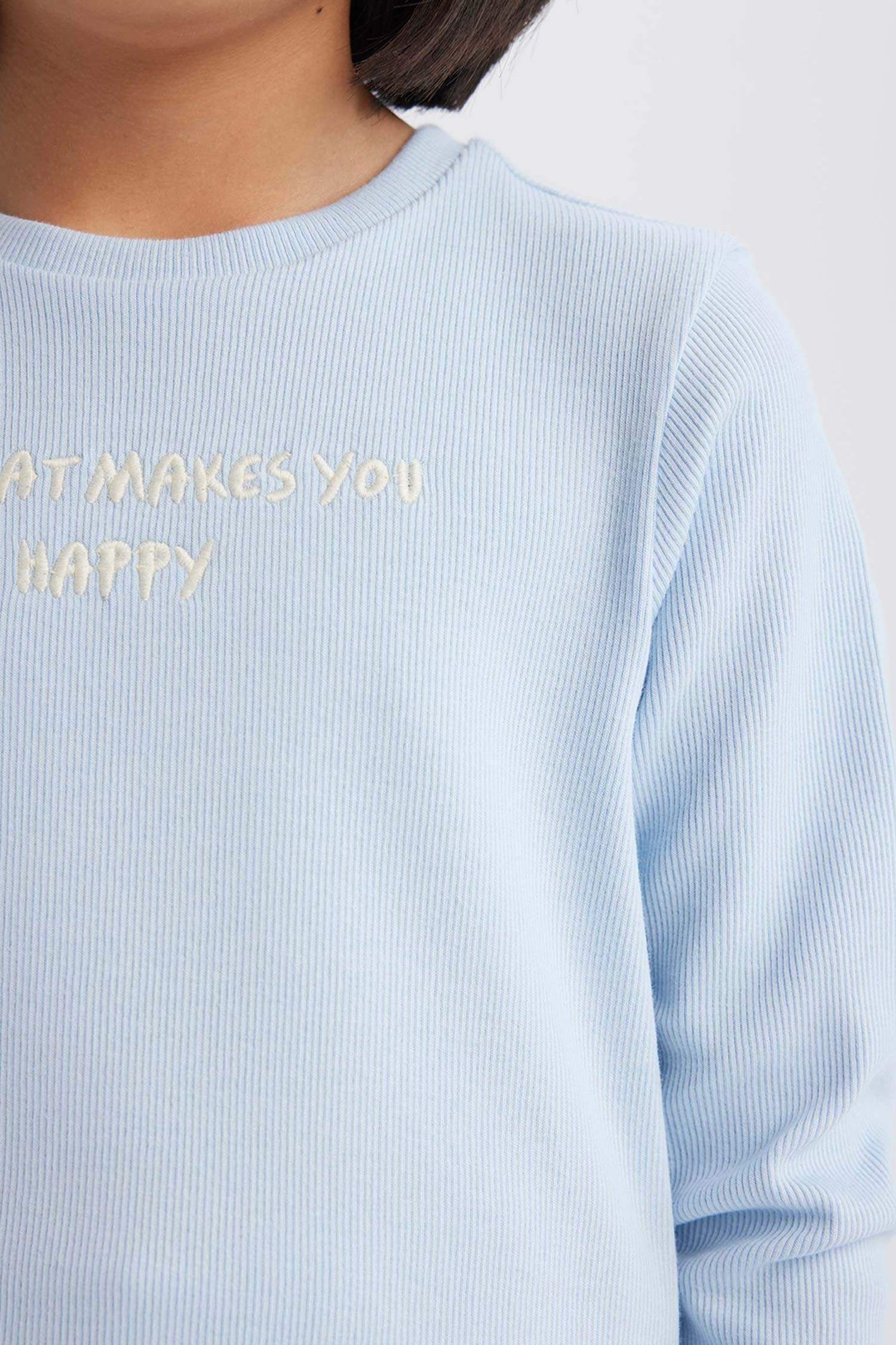 Slim Fit Dar Kesim Bisiklet Yaka Baskılı Fitilli Kaşkorse Uzun Kollu Okul Tişörtü Kız Çocuk